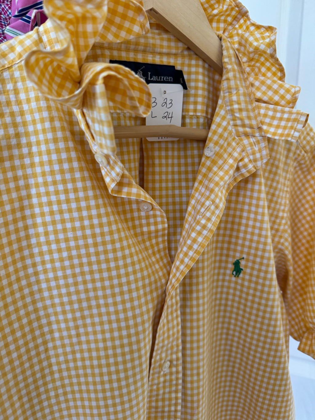 Ralph Lauren - Yellow Gingham Shirt Sleeve Ruffle Collar - Short Sleeve - Medium/Large