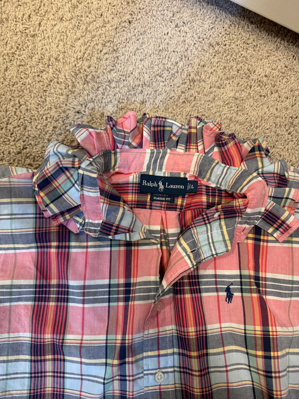 Ralph Lauren - Pink Plaid Ruffle Collar - Short Sleeve - Large/XL