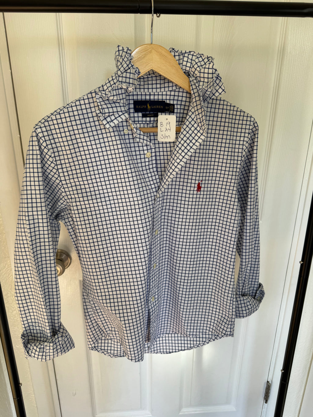 Ralph Lauren - Navy Squares - Long  Sleeve - Ruffle Collar - Size Small/Medium