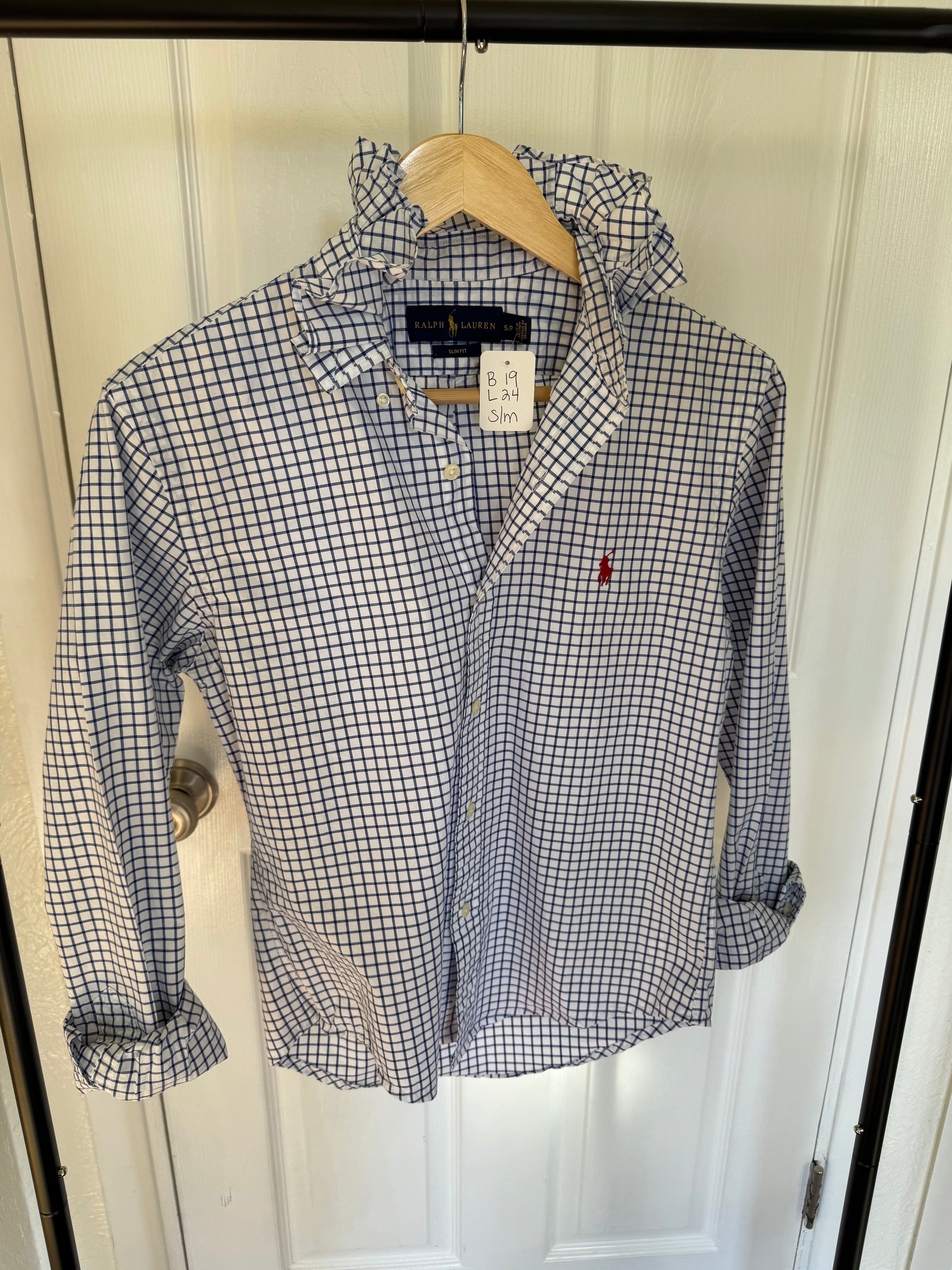 Ralph Lauren - Navy Squares - Long  Sleeve - Ruffle Collar - Size Small/Medium