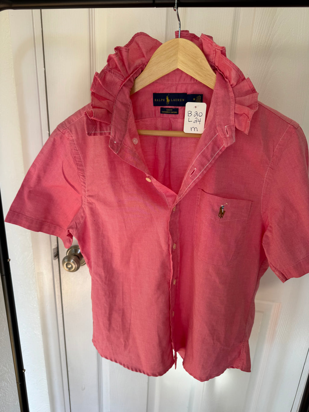 Ralph Lauren - Pink Chambray -Short Sleeve - Ruffle Collar - Size Small/Medium