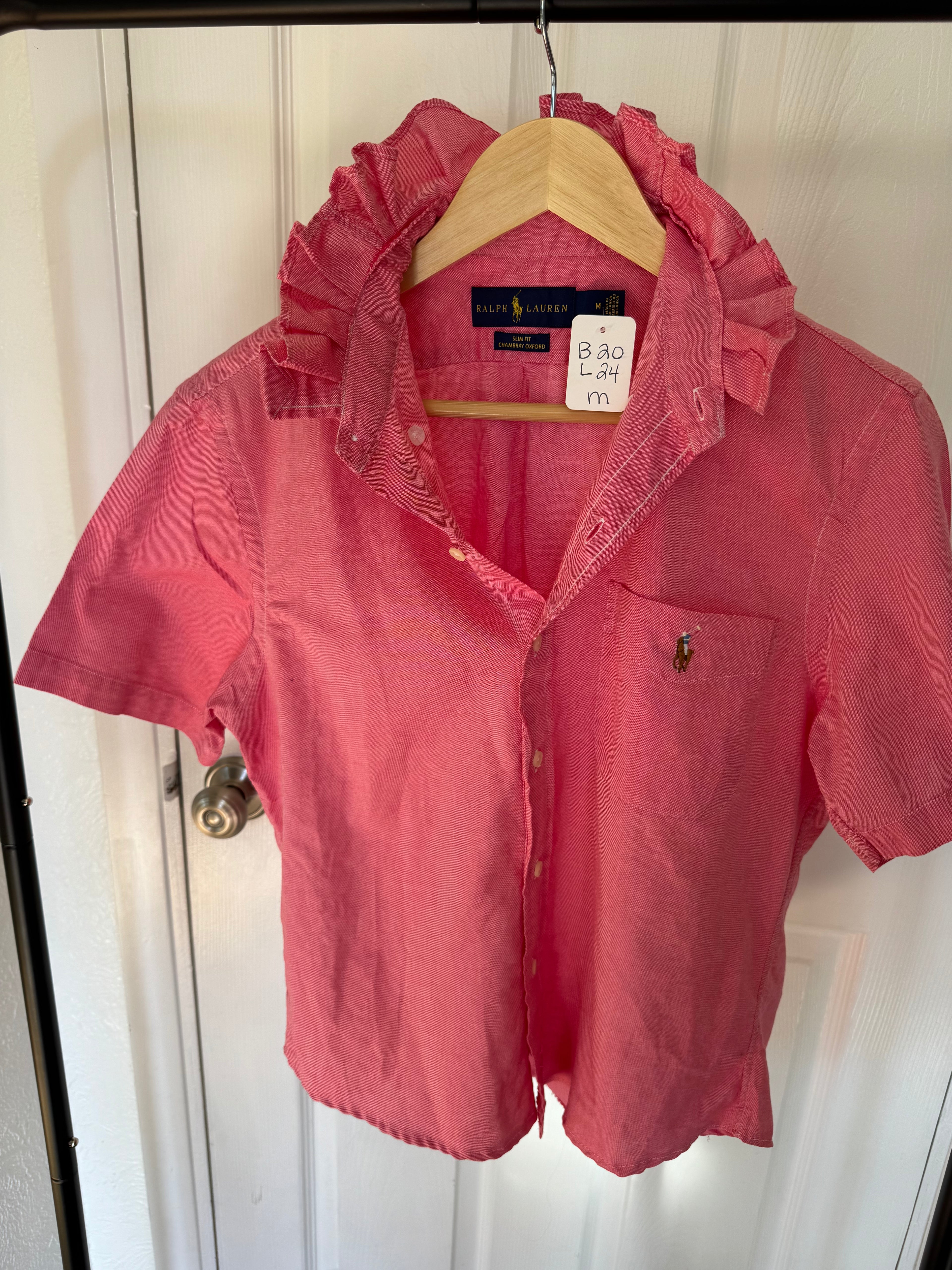 Ralph Lauren - Pink Chambray -Short Sleeve - Ruffle Collar - Size Small/Medium