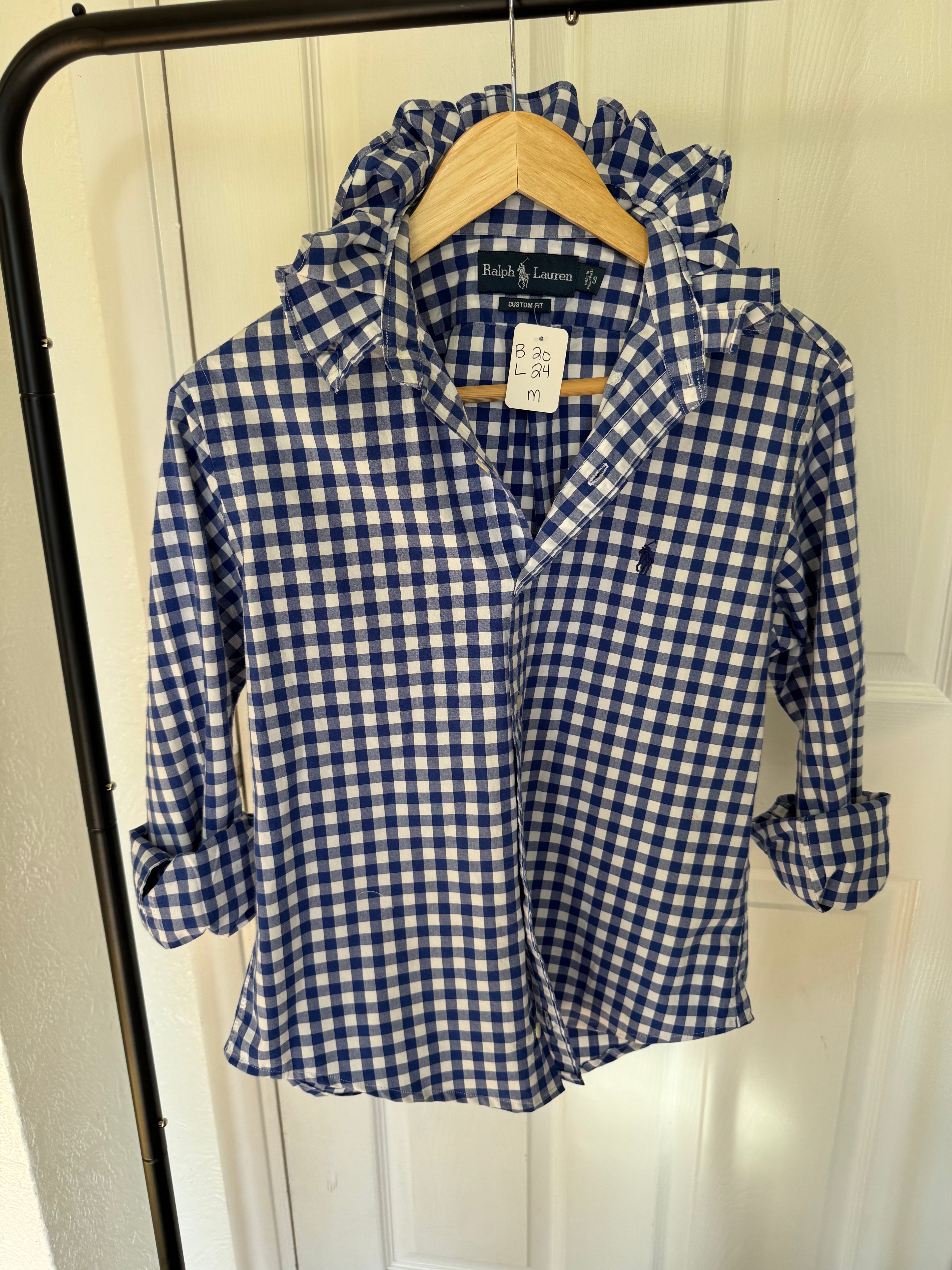Ralph Lauren - Blue Gingham - Long Sleeve - Ruffle Collar - Size Medium