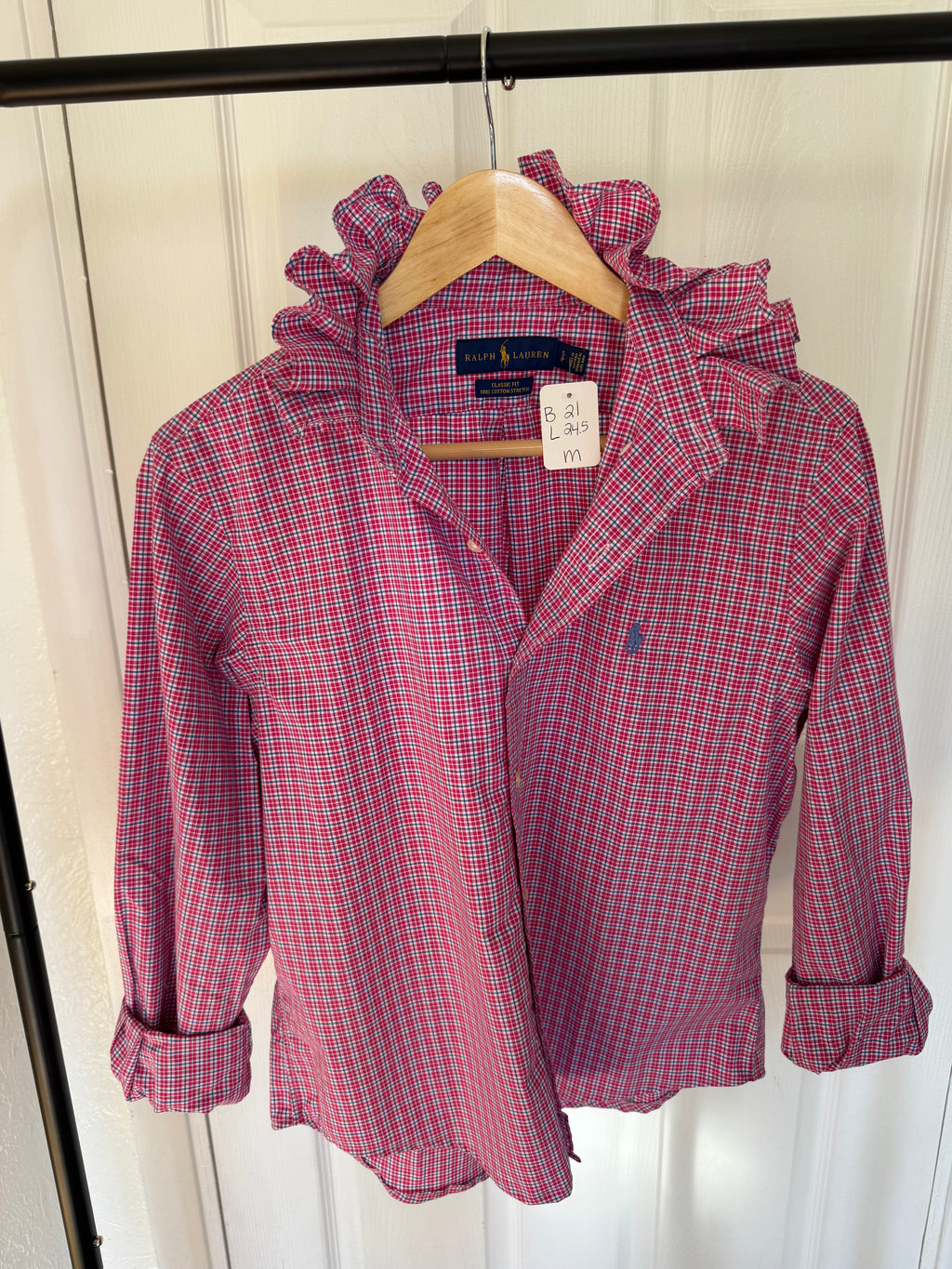 Ralph Lauren - Hot Pink Plaid - Long Sleeve - Ruffle Collar - Size Medium