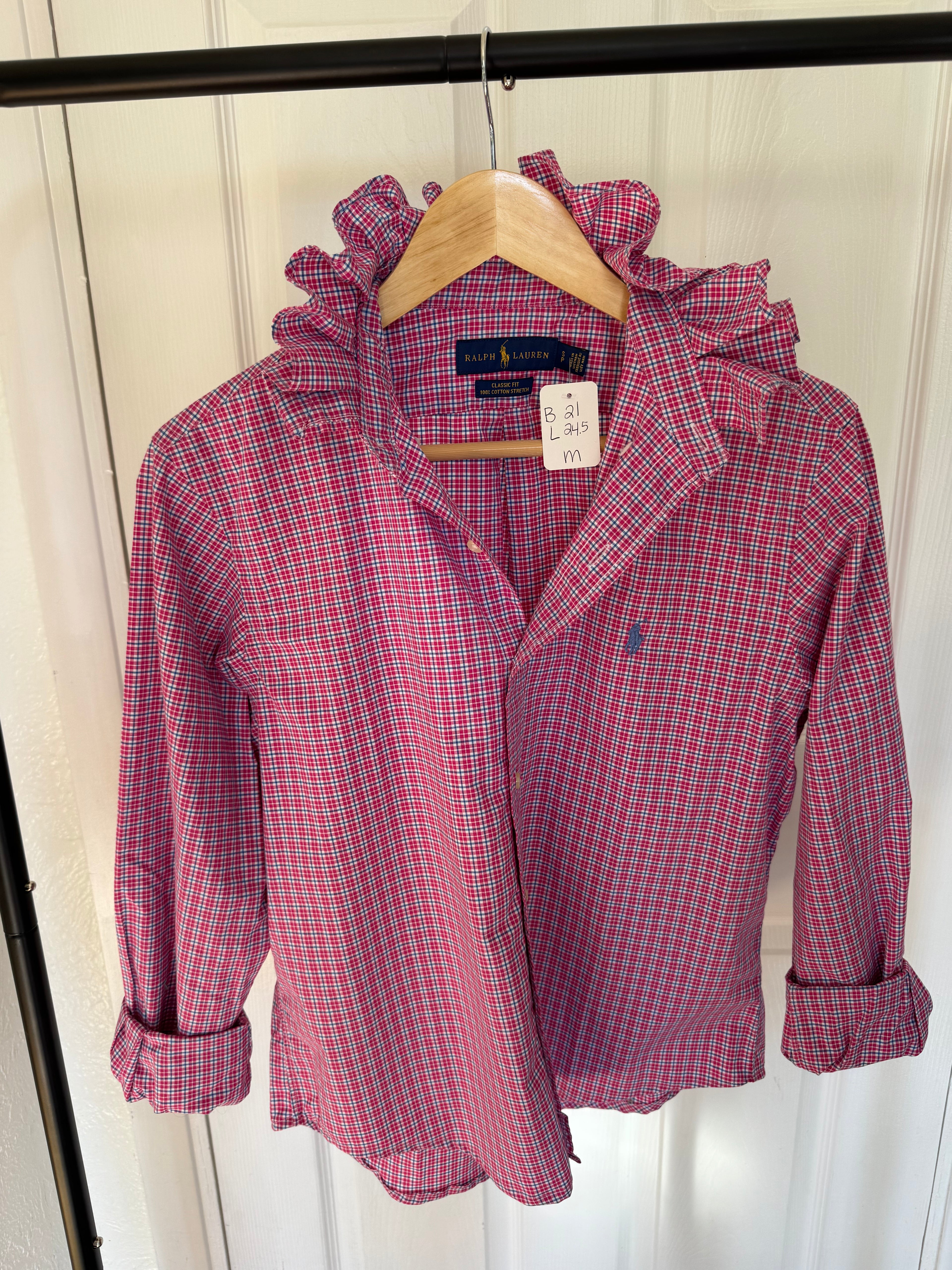Ralph Lauren - Hot Pink Plaid - Long Sleeve - Ruffle Collar - Size Medium