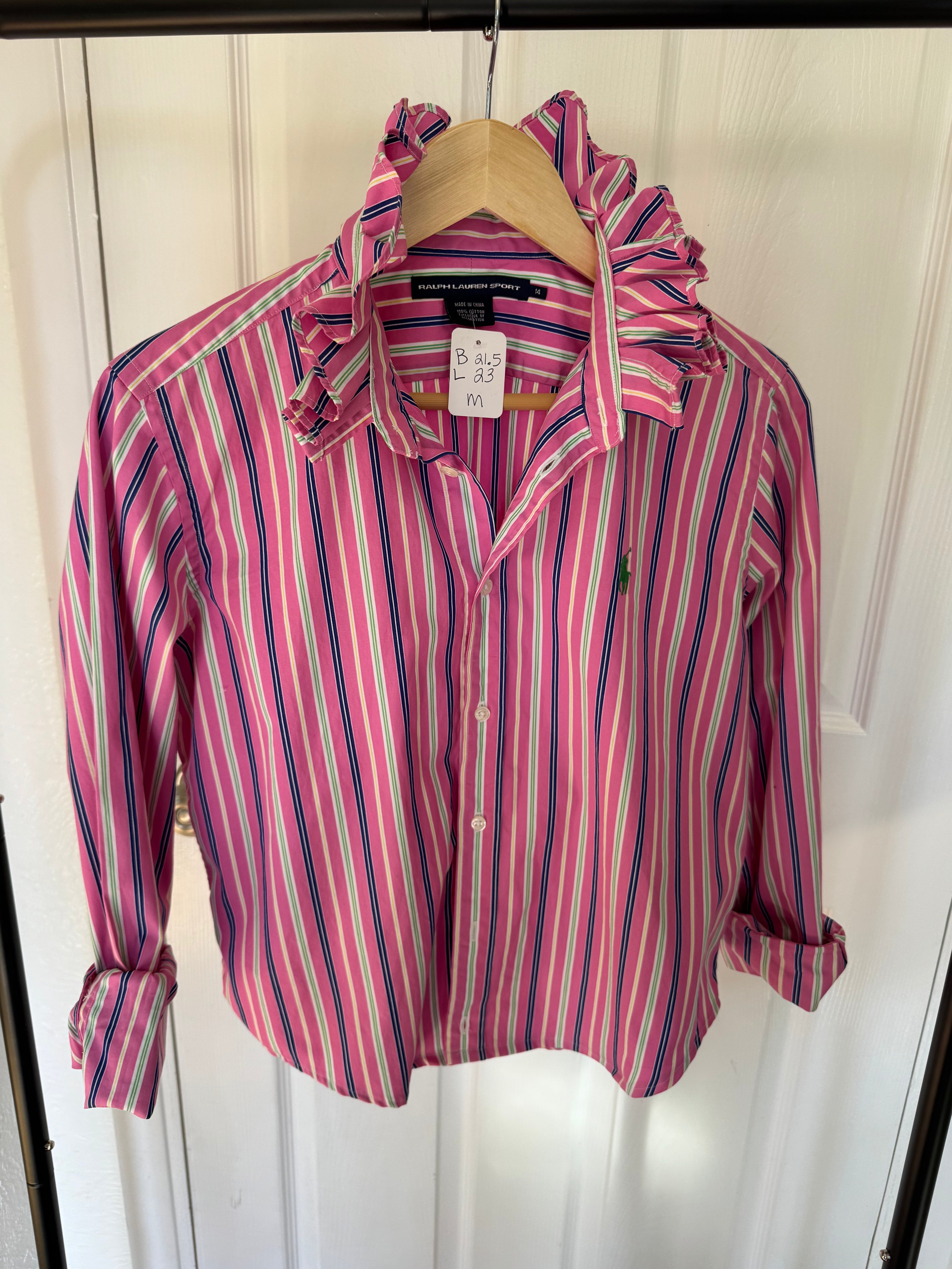 Ralph Lauren - Hot Pink Stripes - Long Sleeve - Ruffle Collar - Size Medium