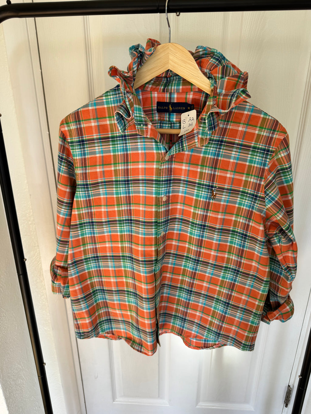 Ralph Lauren - orange/blue/green plaid - Long Sleeve - Ruffle Collar - Size Medium