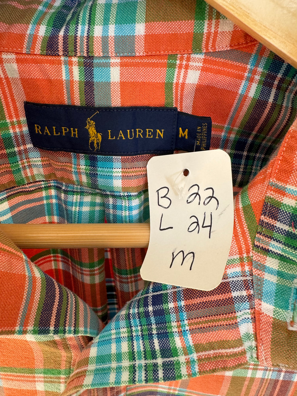 Ralph Lauren - orange/blue/green plaid - Long Sleeve - Ruffle Collar - Size Medium