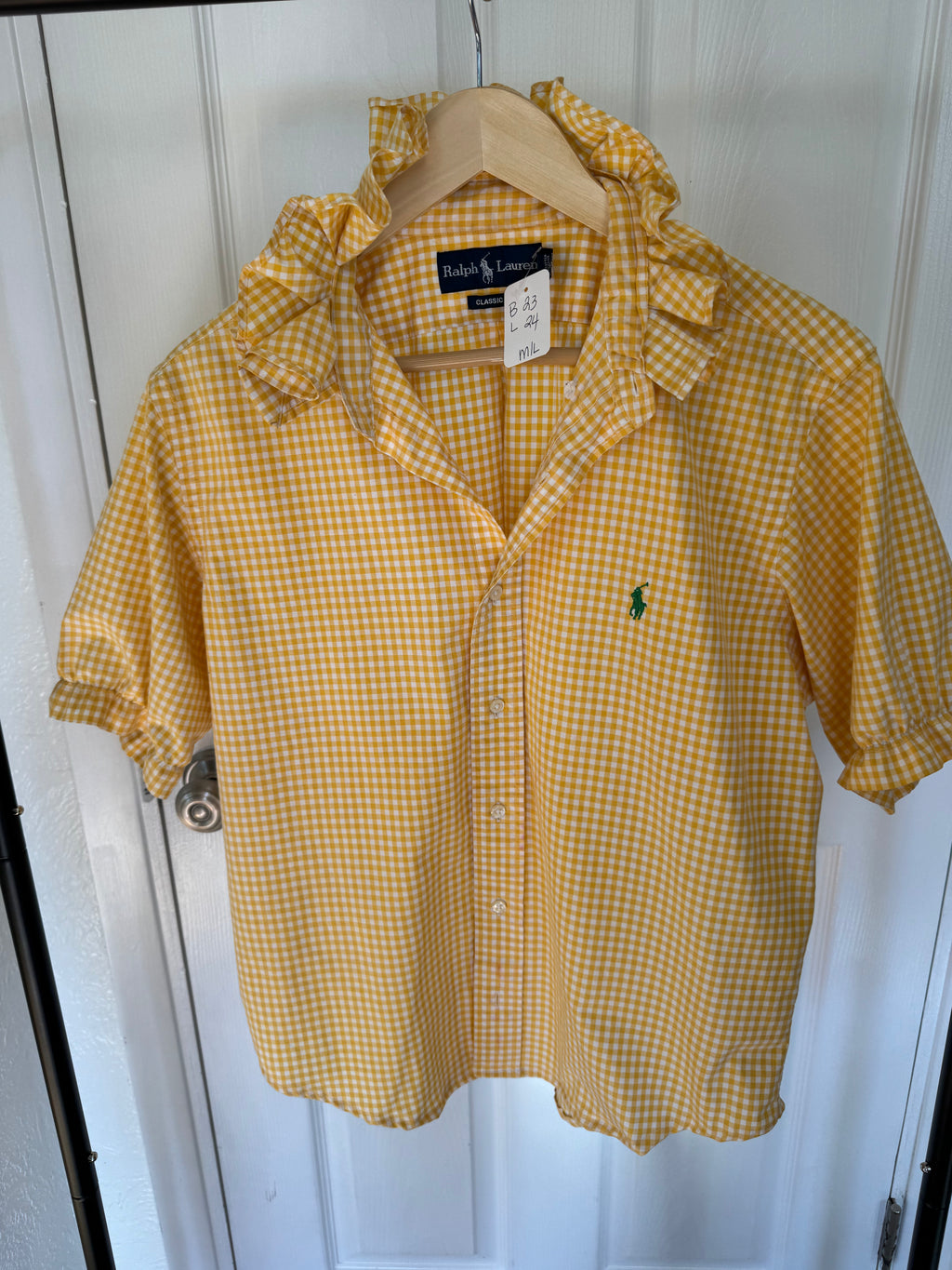 Ralph Lauren - yellow gingham - Short Sleeve - Ruffle Collar - Size Medium/Large