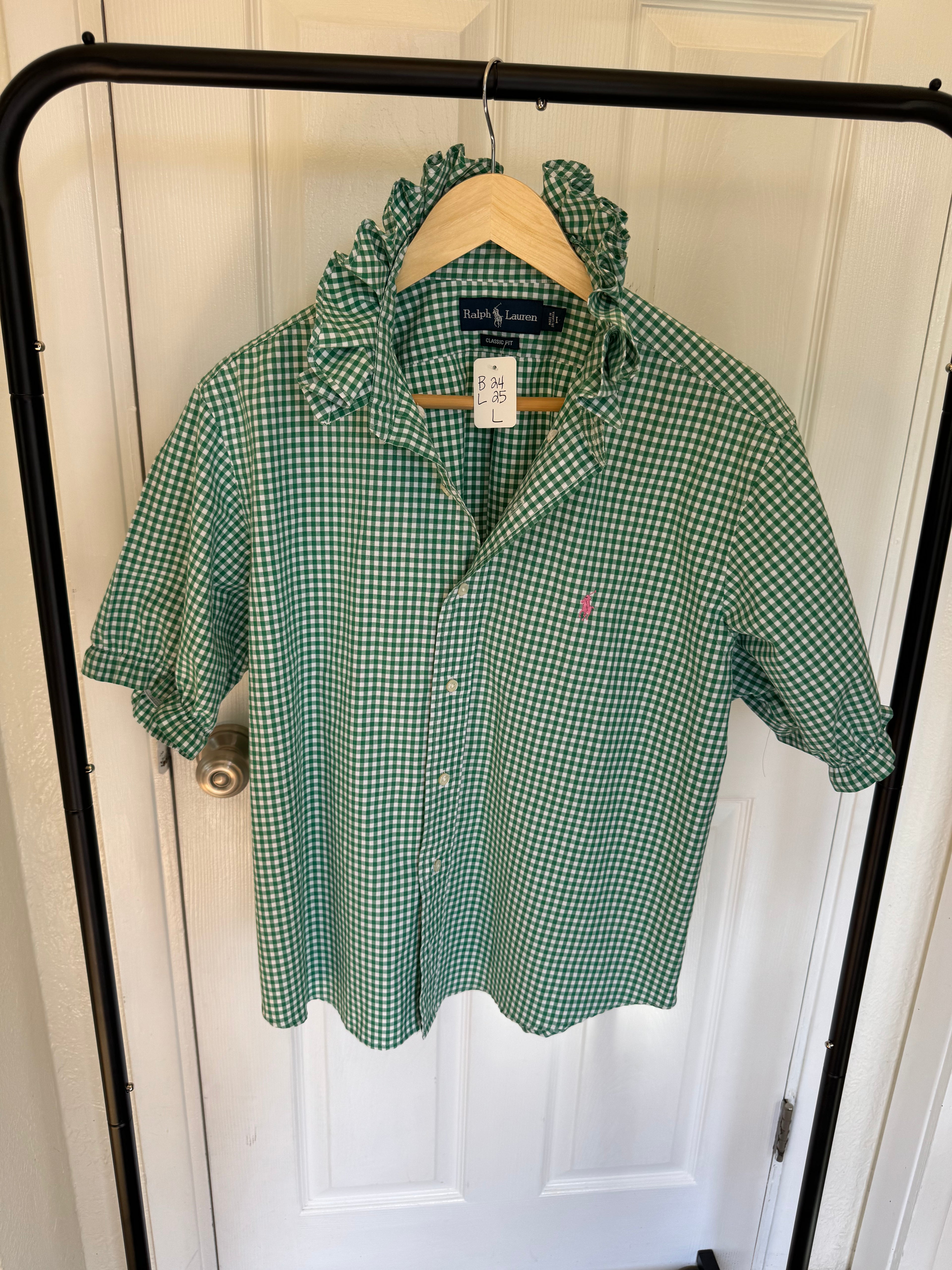 Ralph Lauren - green gingham - Short Sleeve - Ruffle Collar - Size Large
