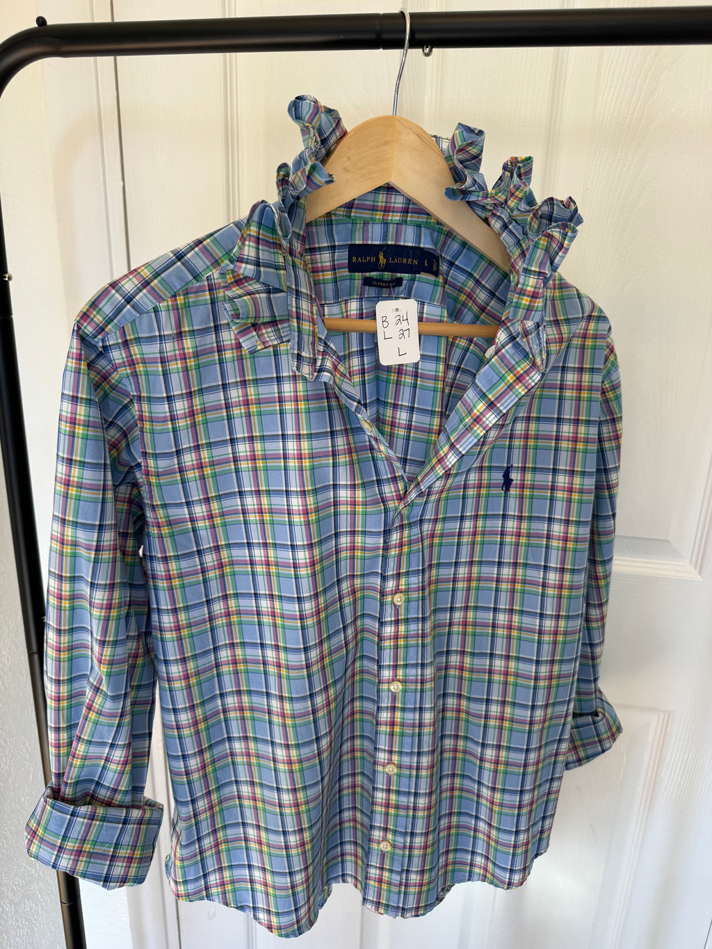 Ralph Lauren - light blue plaid with pink/green/yellow - Long Sleeve - Ruffle Collar - Size Large