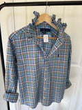Ralph Lauren - light blue plaid with pink/green/yellow - Long Sleeve - Ruffle Collar - Size Large