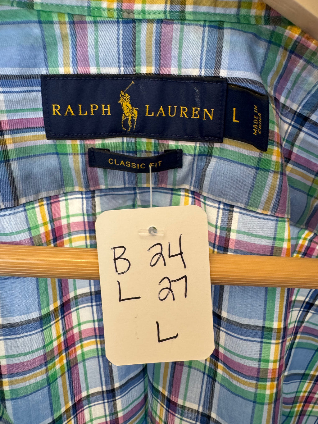 Ralph Lauren - light blue plaid with pink/green/yellow - Long Sleeve - Ruffle Collar - Size Large