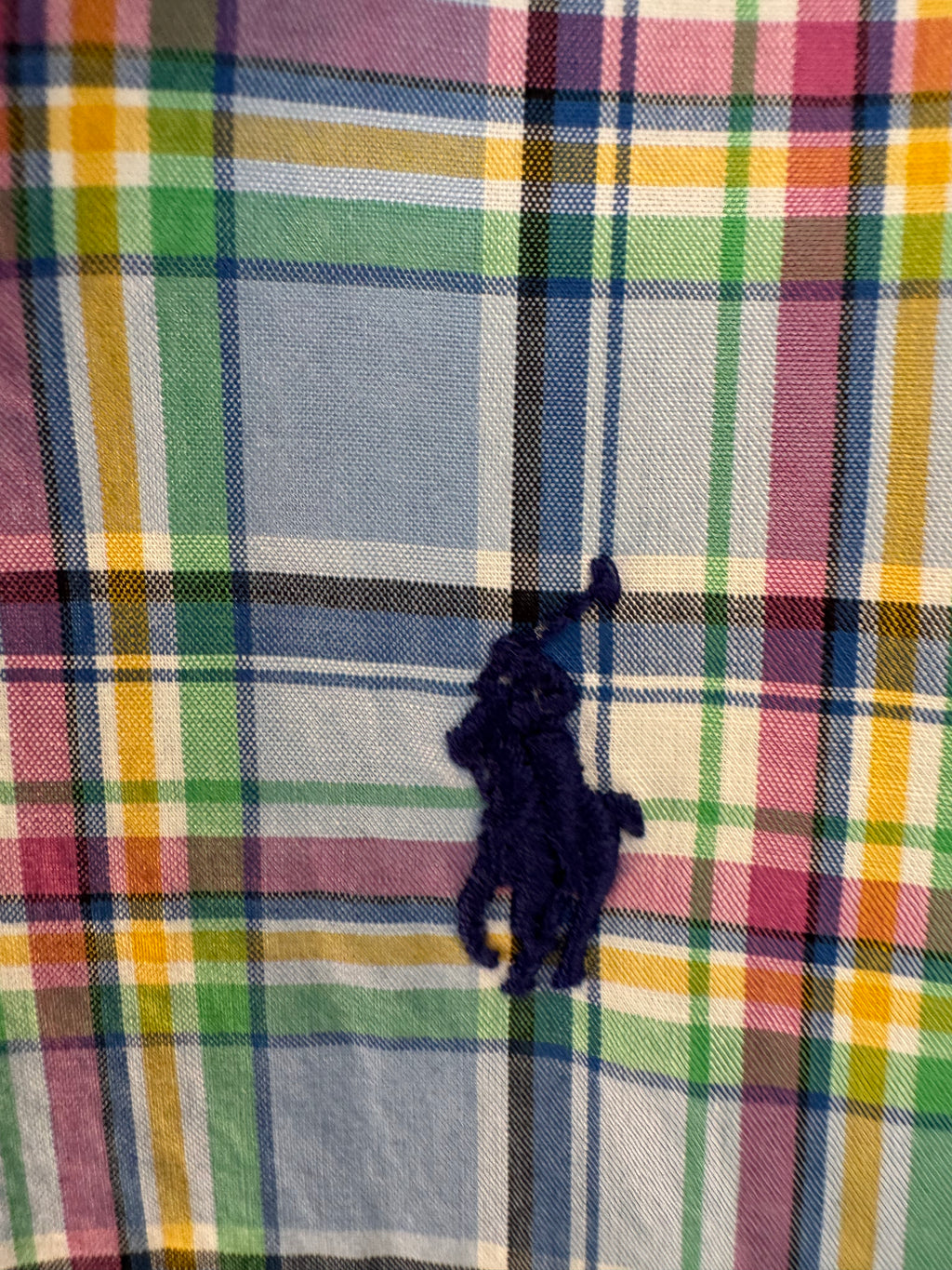 Ralph Lauren - light blue plaid with pink/green/yellow - Long Sleeve - Ruffle Collar - Size Large
