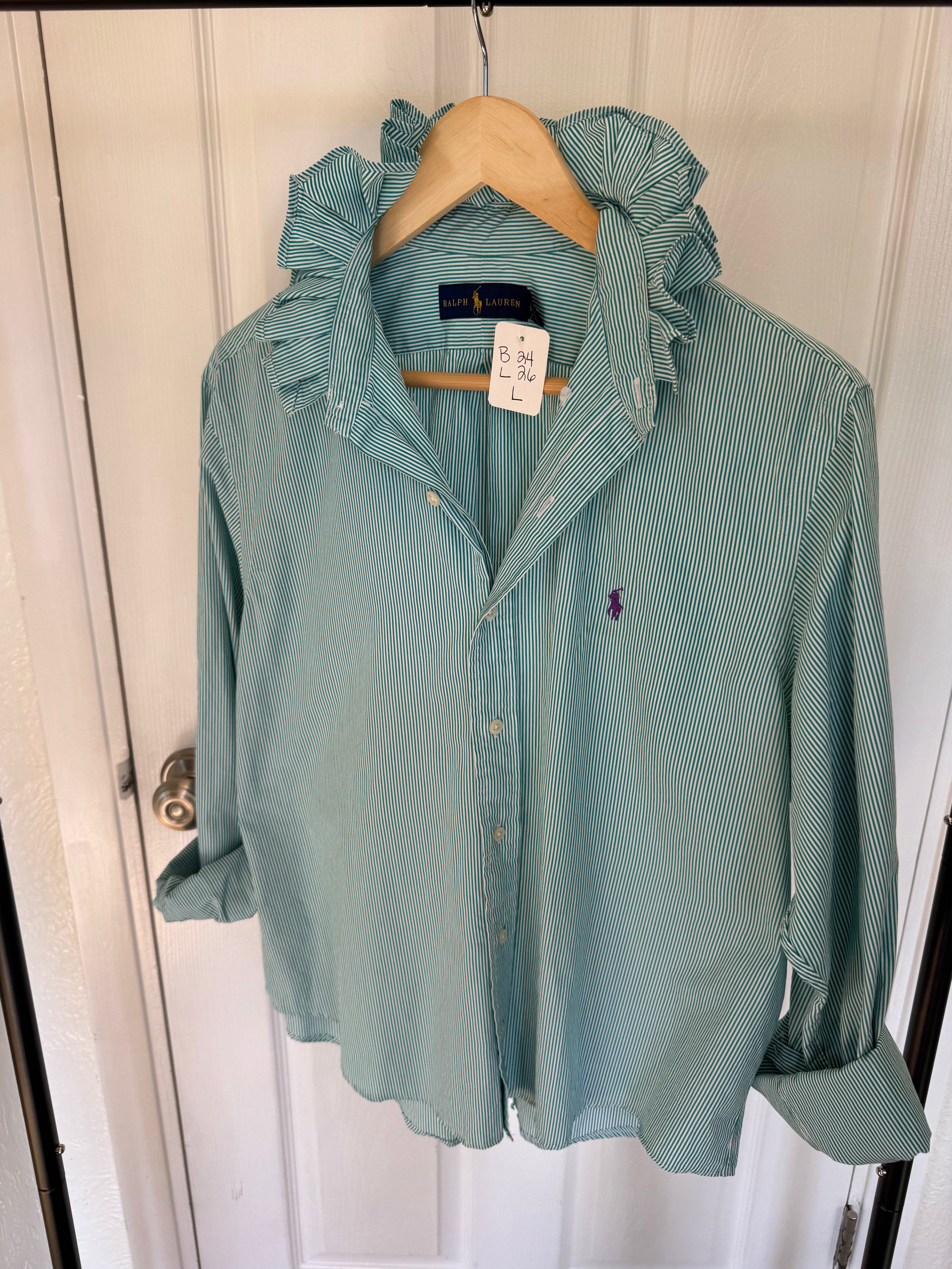 Ralph Lauren - green stripes - Long Sleeve - Ruffle Collar - Size Large