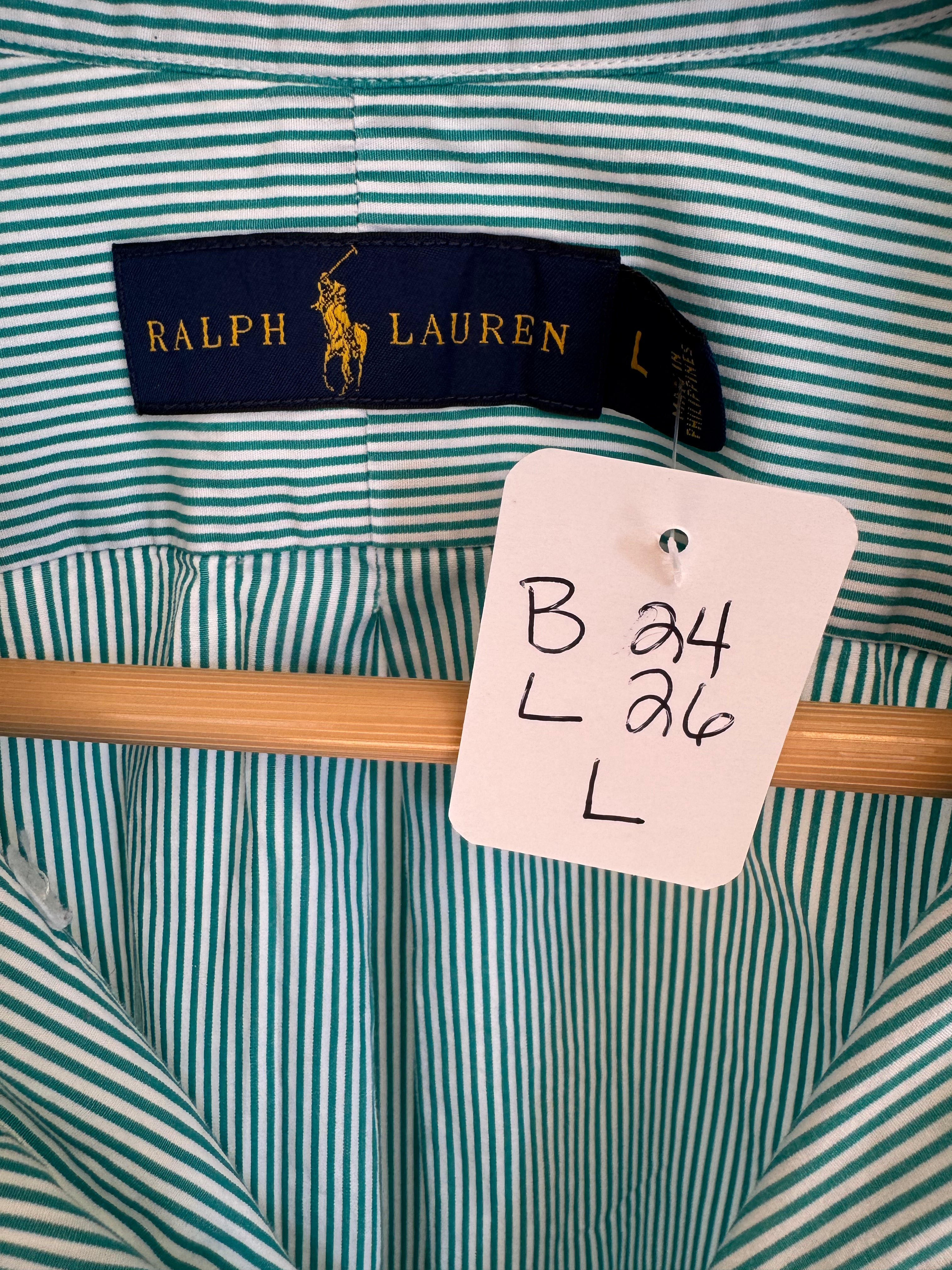 Ralph Lauren - green stripes - Long Sleeve - Ruffle Collar - Size Large