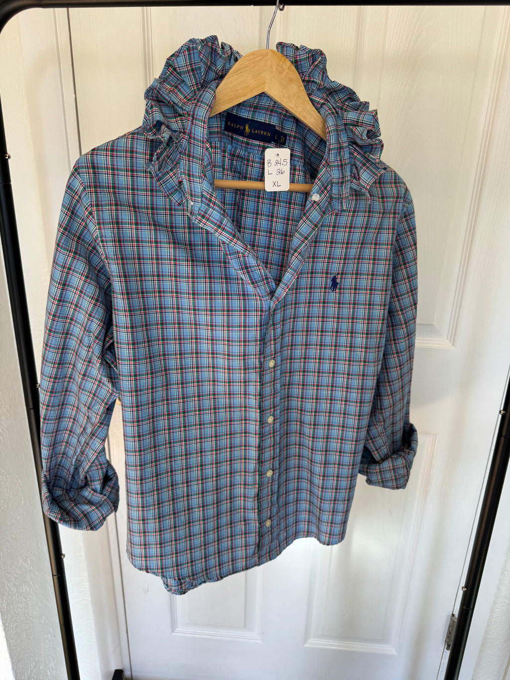 Ralph Lauren - blue plaid - Long Sleeve - Ruffle Collar - Size XL
