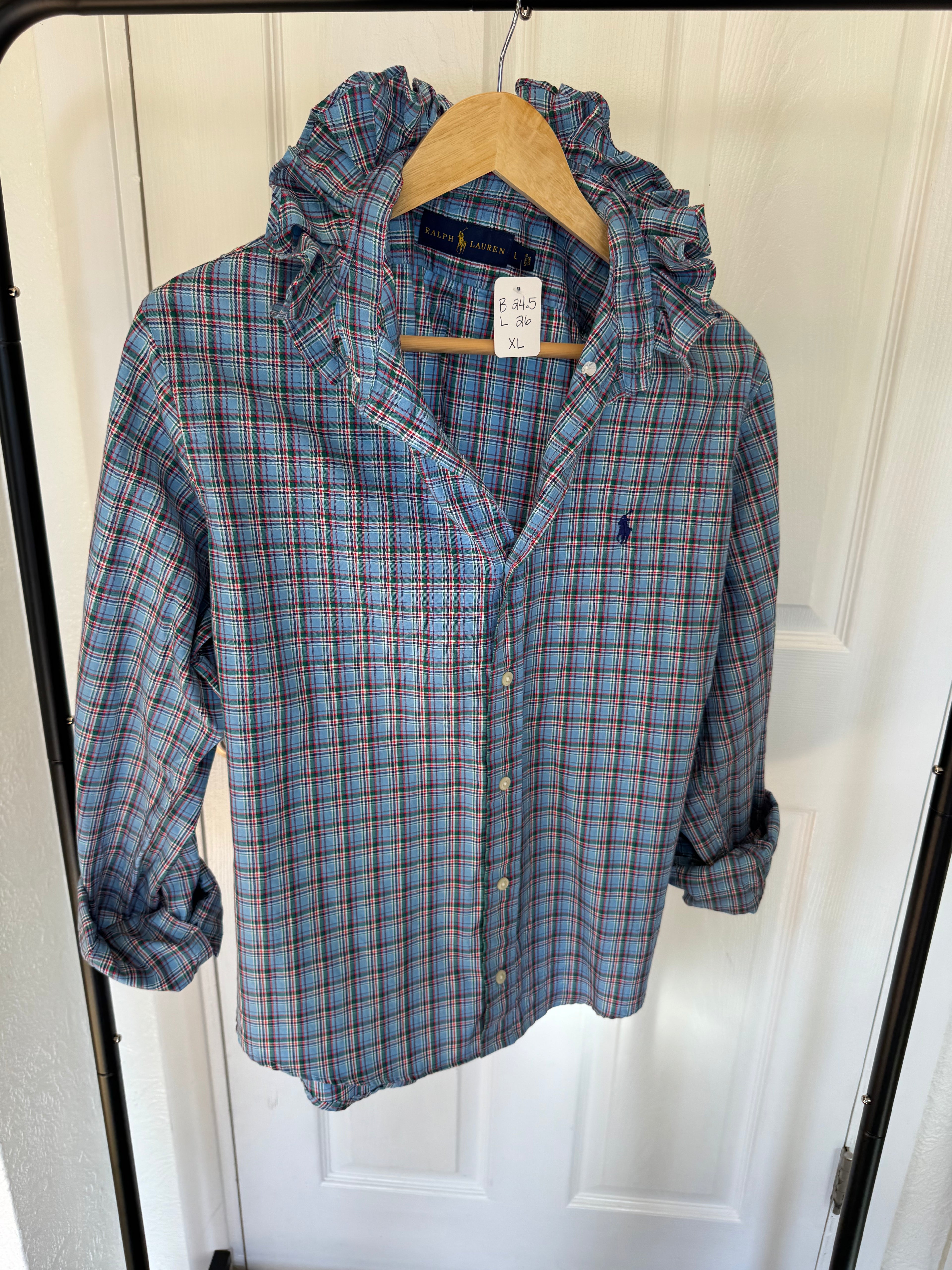 Ralph Lauren - blue plaid - Long Sleeve - Ruffle Collar - Size XL