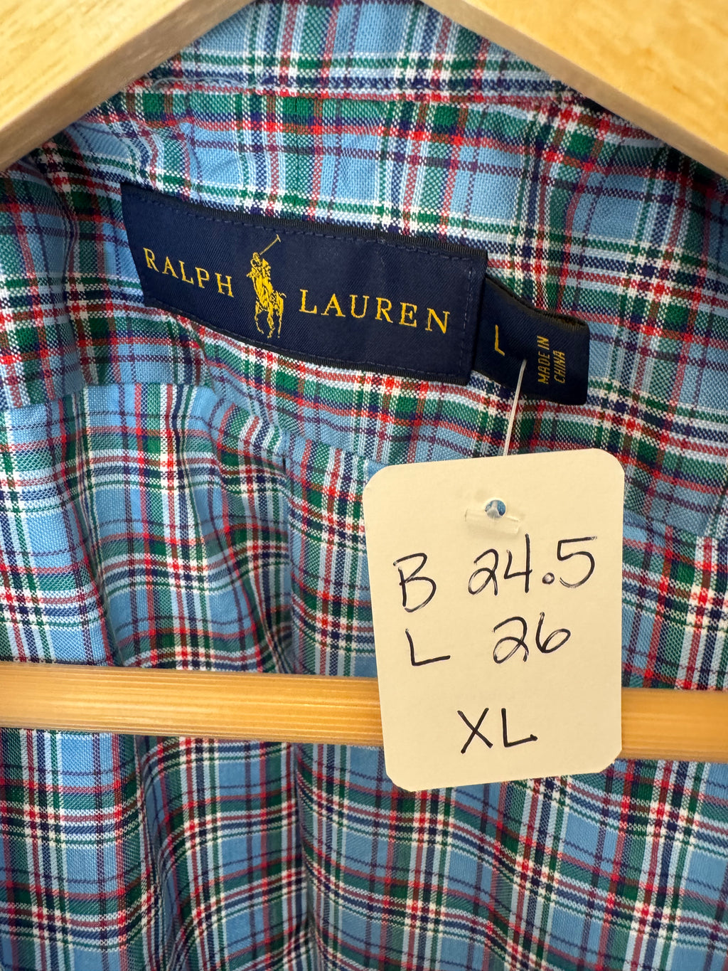 Ralph Lauren - blue plaid - Long Sleeve - Ruffle Collar - Size XL