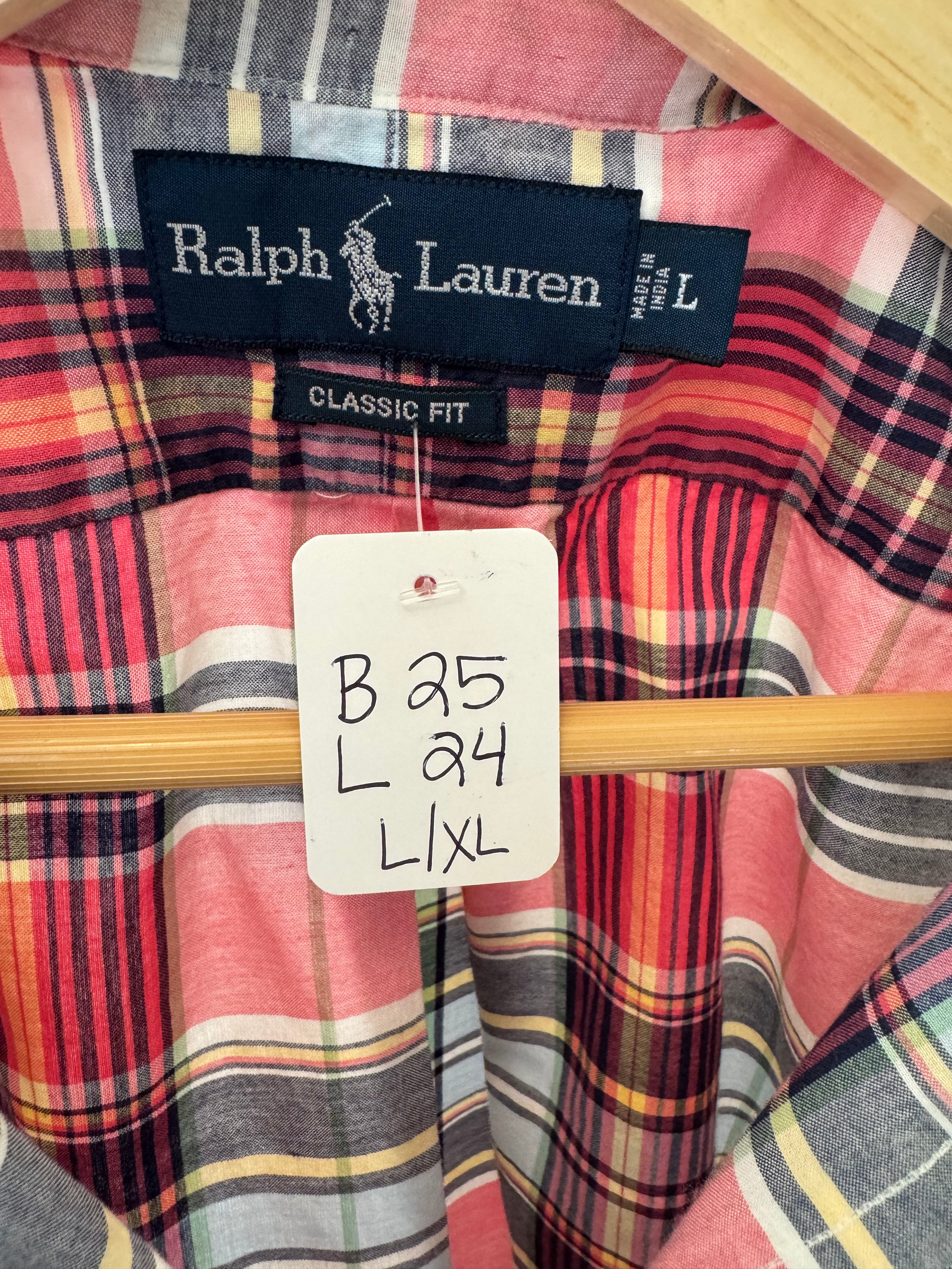 Ralph Lauren - pink plaid - short Sleeve - Ruffle Collar - Size L/XL