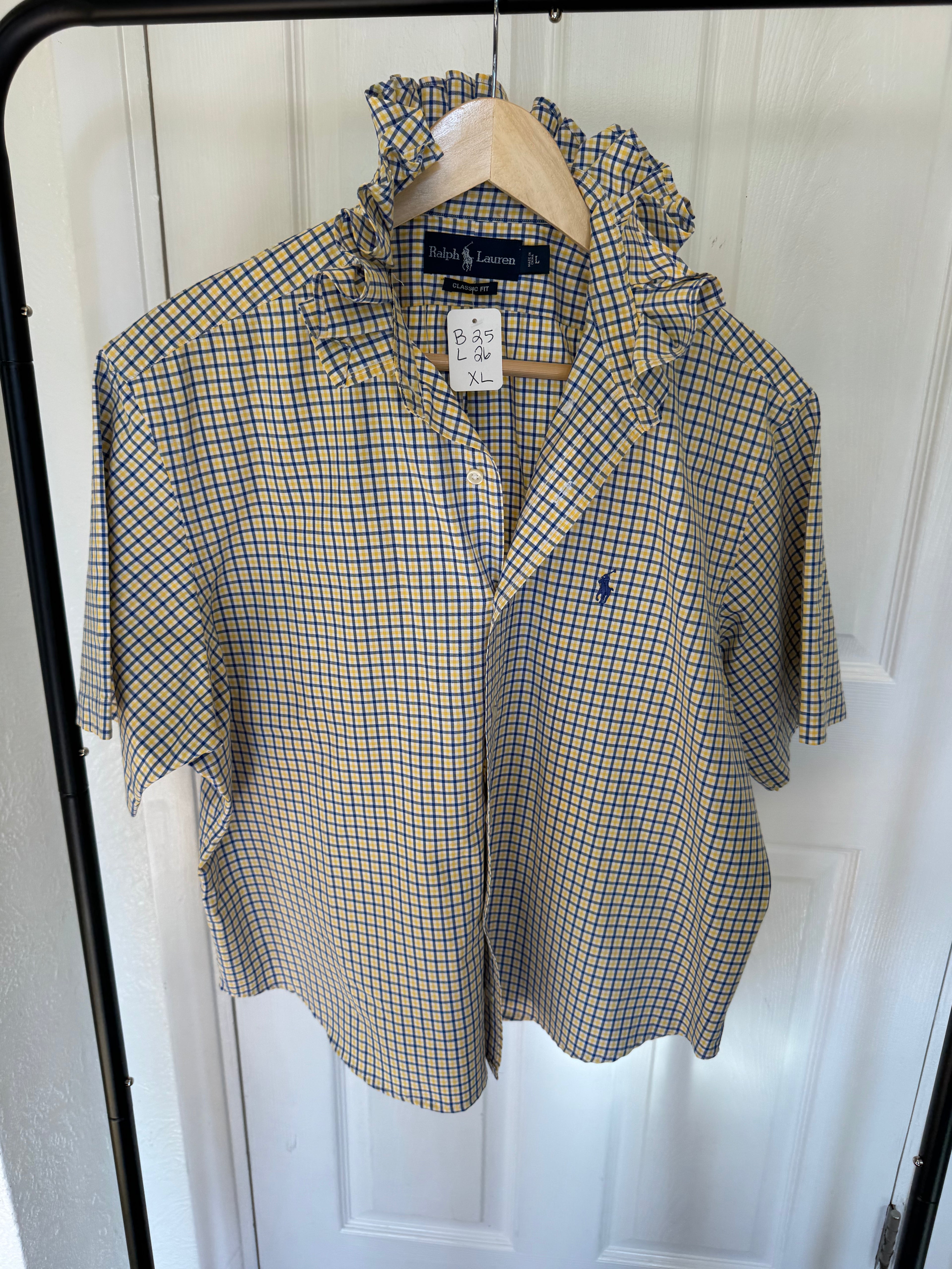 Ralph Lauren - yellow plaid - short Sleeve - Ruffle Collar - Size XL