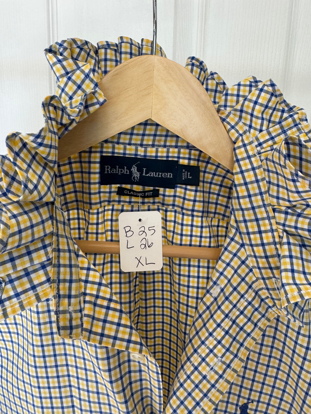 Ralph Lauren - yellow plaid - short Sleeve - Ruffle Collar - Size XL