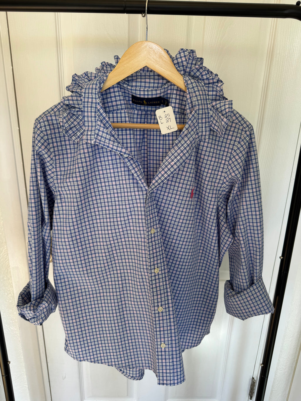 Ralph Lauren - periwinkle plaid - Long Sleeve - Ruffle Collar - Size XL