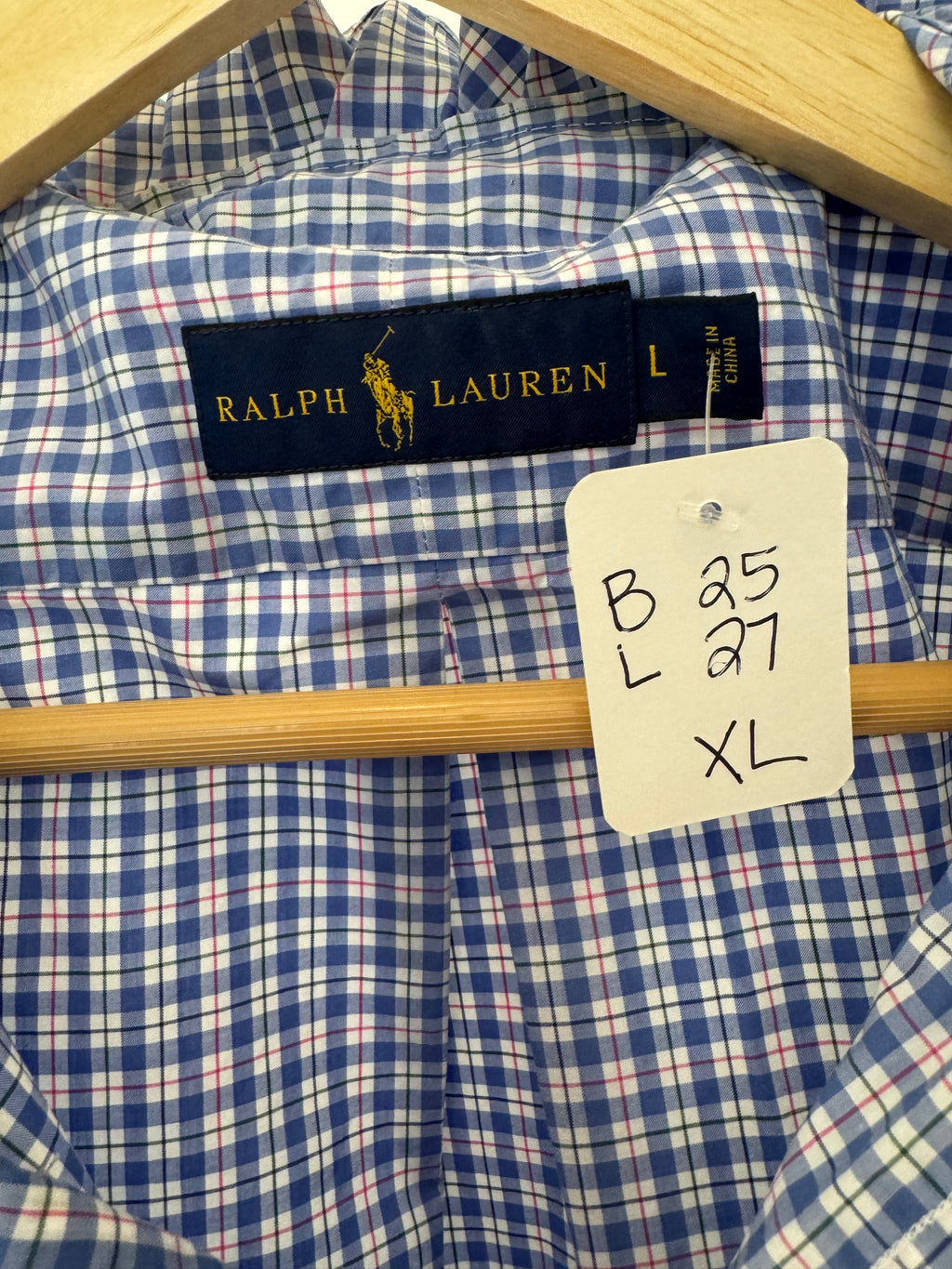 Ralph Lauren - periwinkle plaid - Long Sleeve - Ruffle Collar - Size XL
