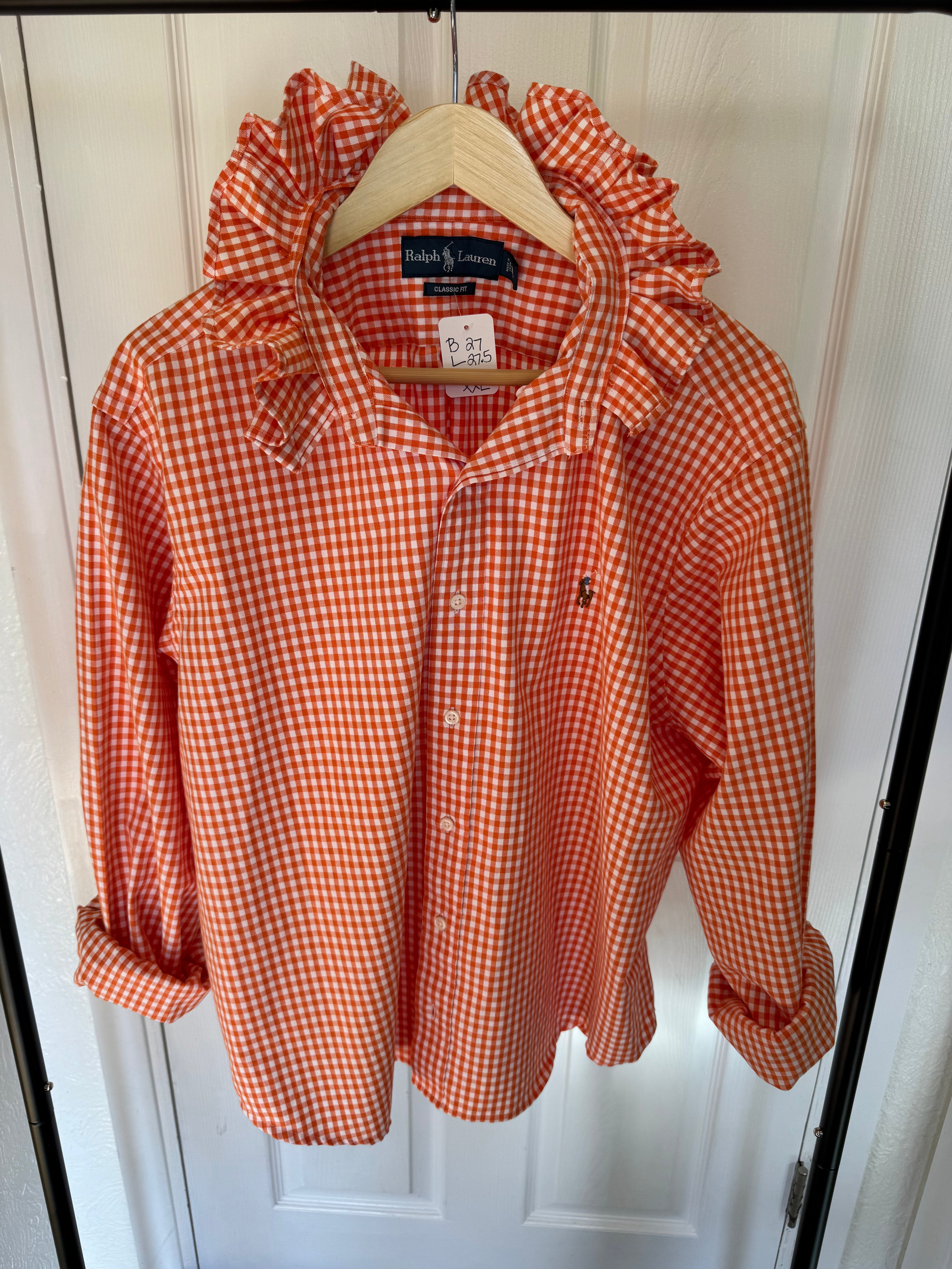 Ralph Lauren - orange gingham - Long Sleeve - Ruffle Collar - Size XXL