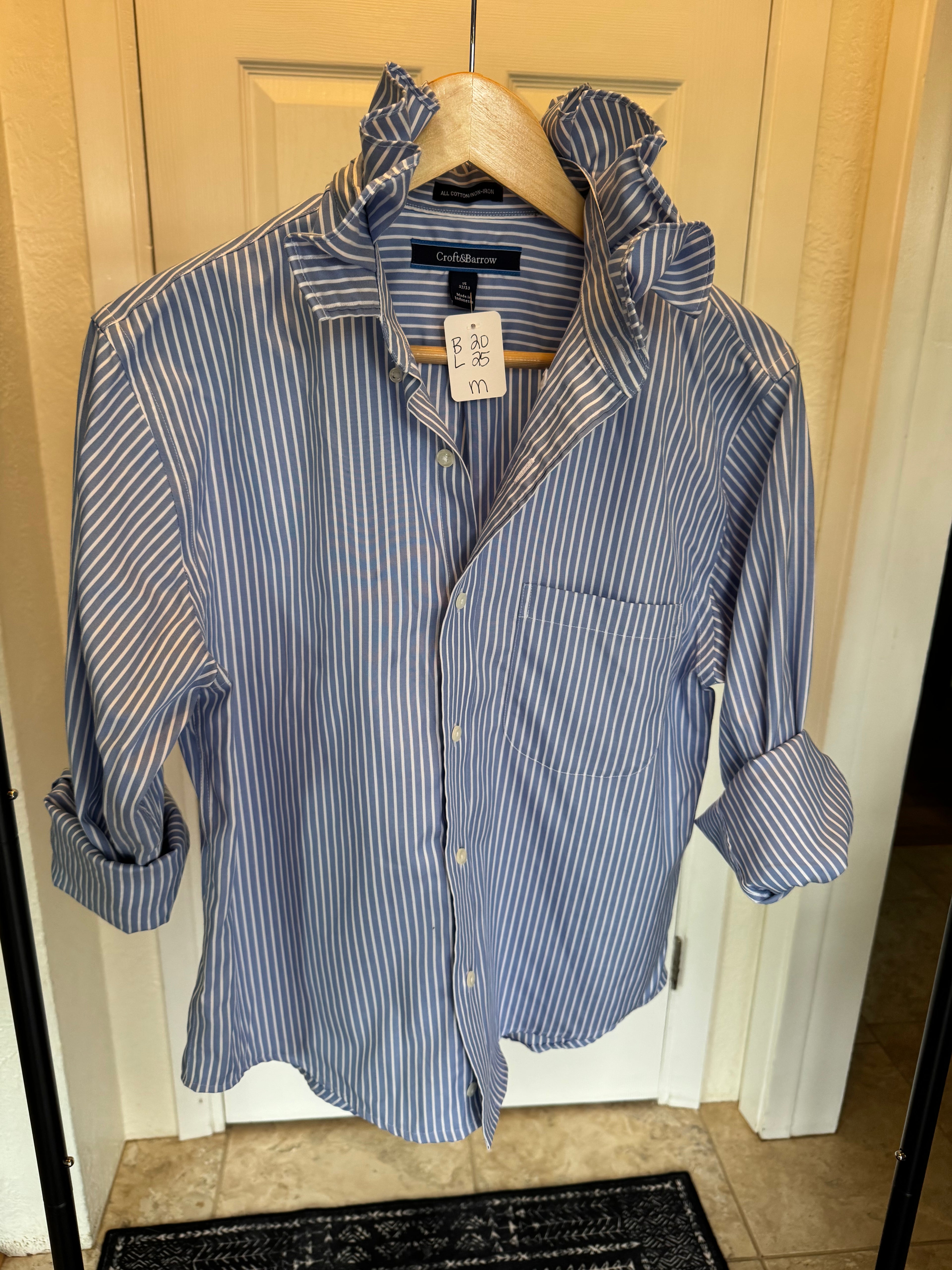Stripes - Blue and White Stripes Ruffle Shirt Size Medium