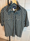 Pearl Snaps Vintage Gathered Short Sleeve Ruffle Collar dark blue and green - Large