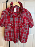 Pearl Snaps Vintage Gathered Short Sleeve Ruffle Collar Red Plaid - Medium