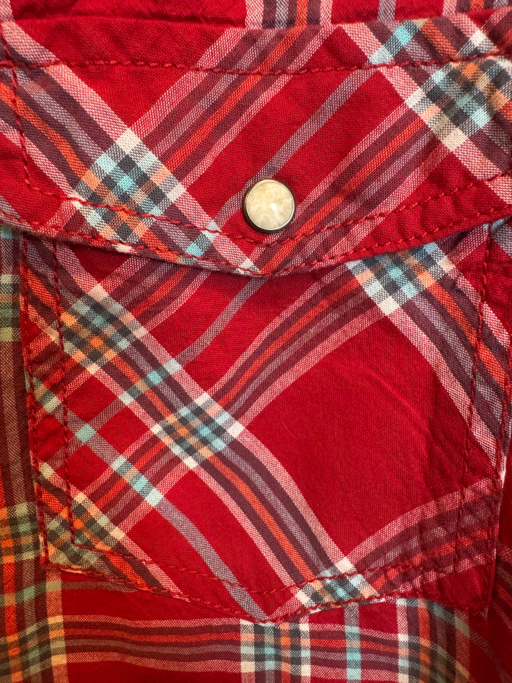 Pearl Snaps Vintage Gathered Short Sleeve Ruffle Collar Red Plaid - Medium