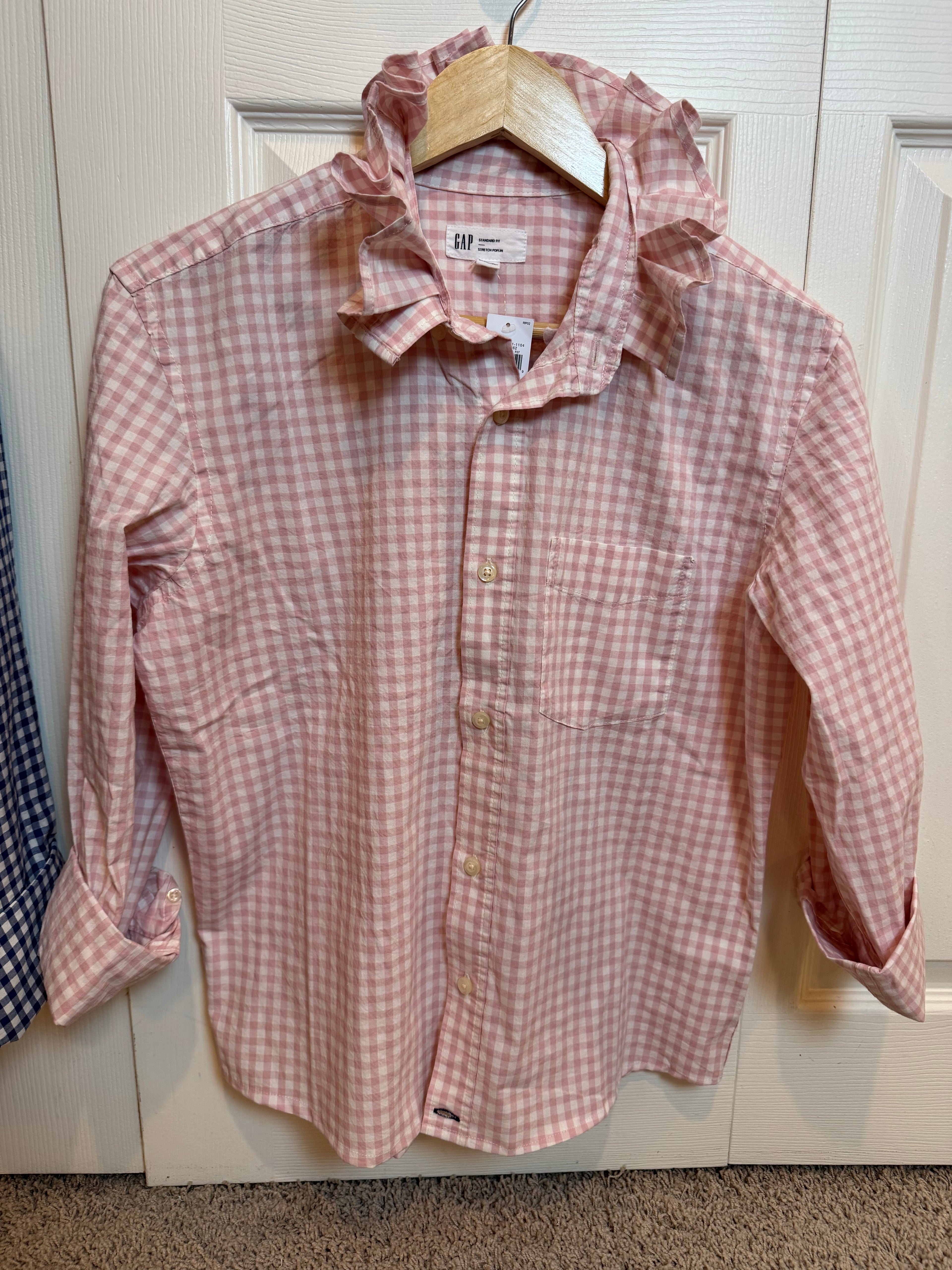 Andie - Brand New Gap Upcycled Men's shirt with Ruffle Collar Pink Gingham Women's Size 2XL