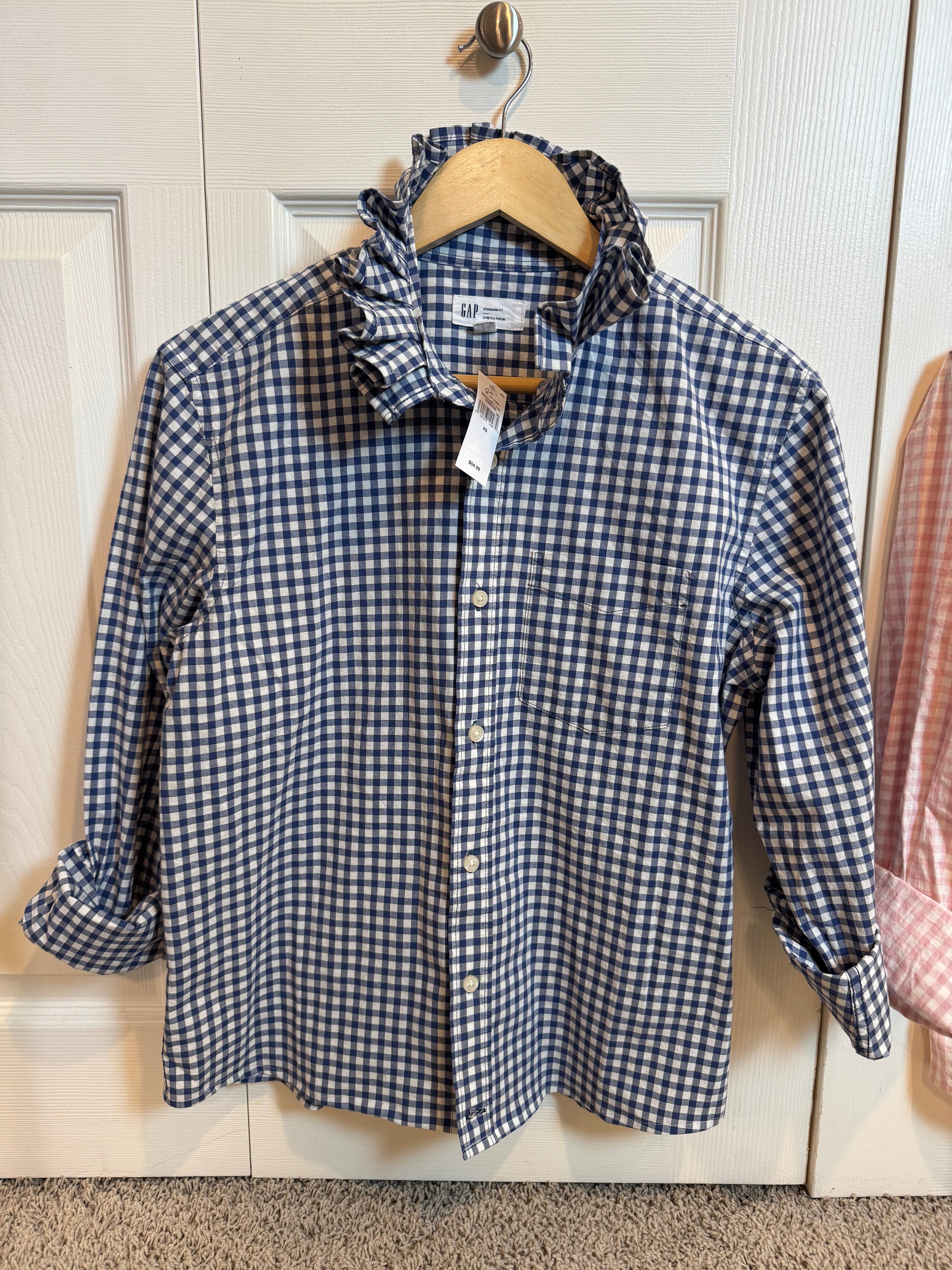 Blane - Brand New Gap Mens Upcycled Shirt with Ruffle Collar - Blue gingham - Size Women's XXL
