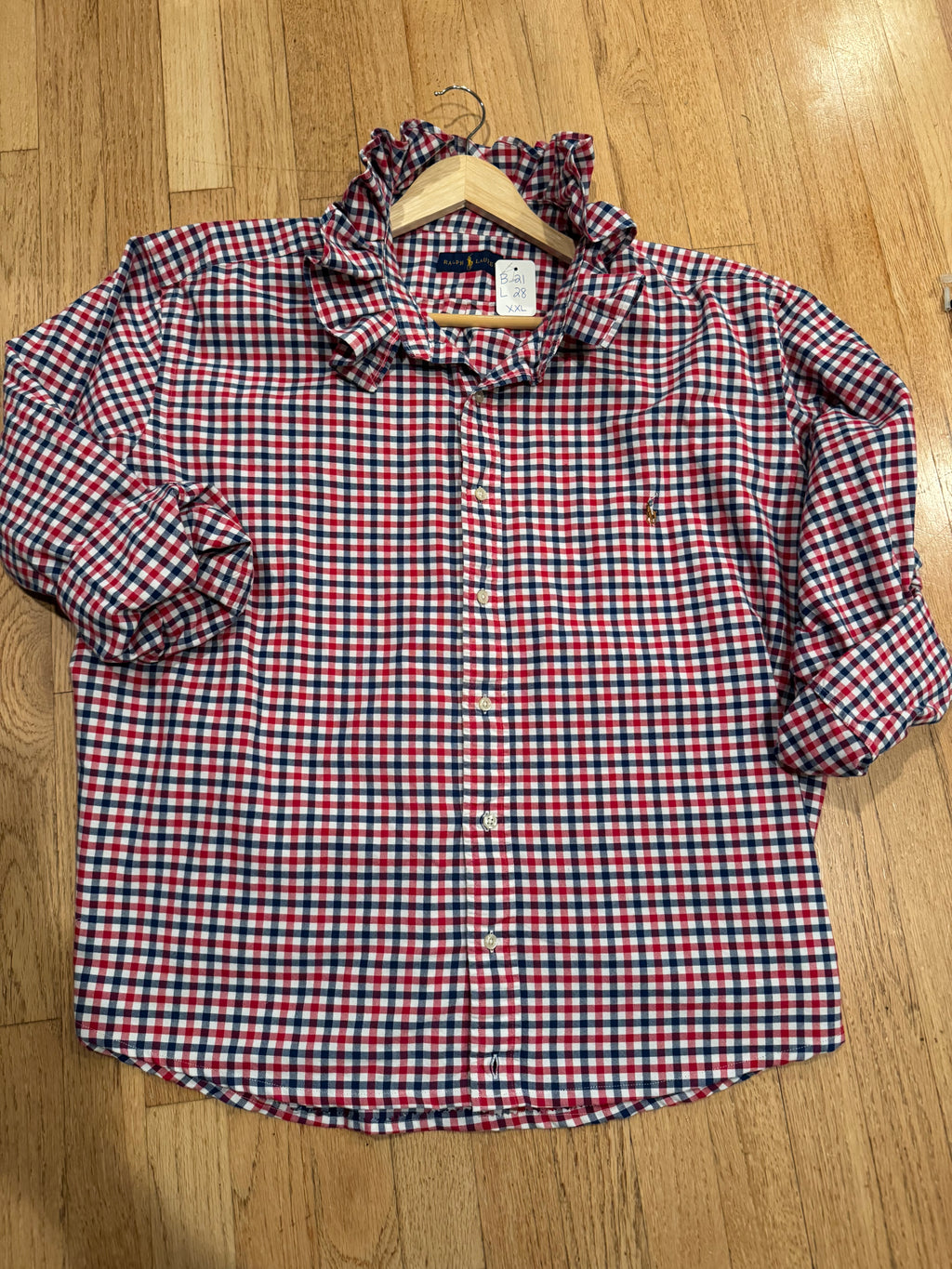 Ralph Lauren - Red/Blue GIngham - Long  Sleeve - Ruffle Collar - Size XXL