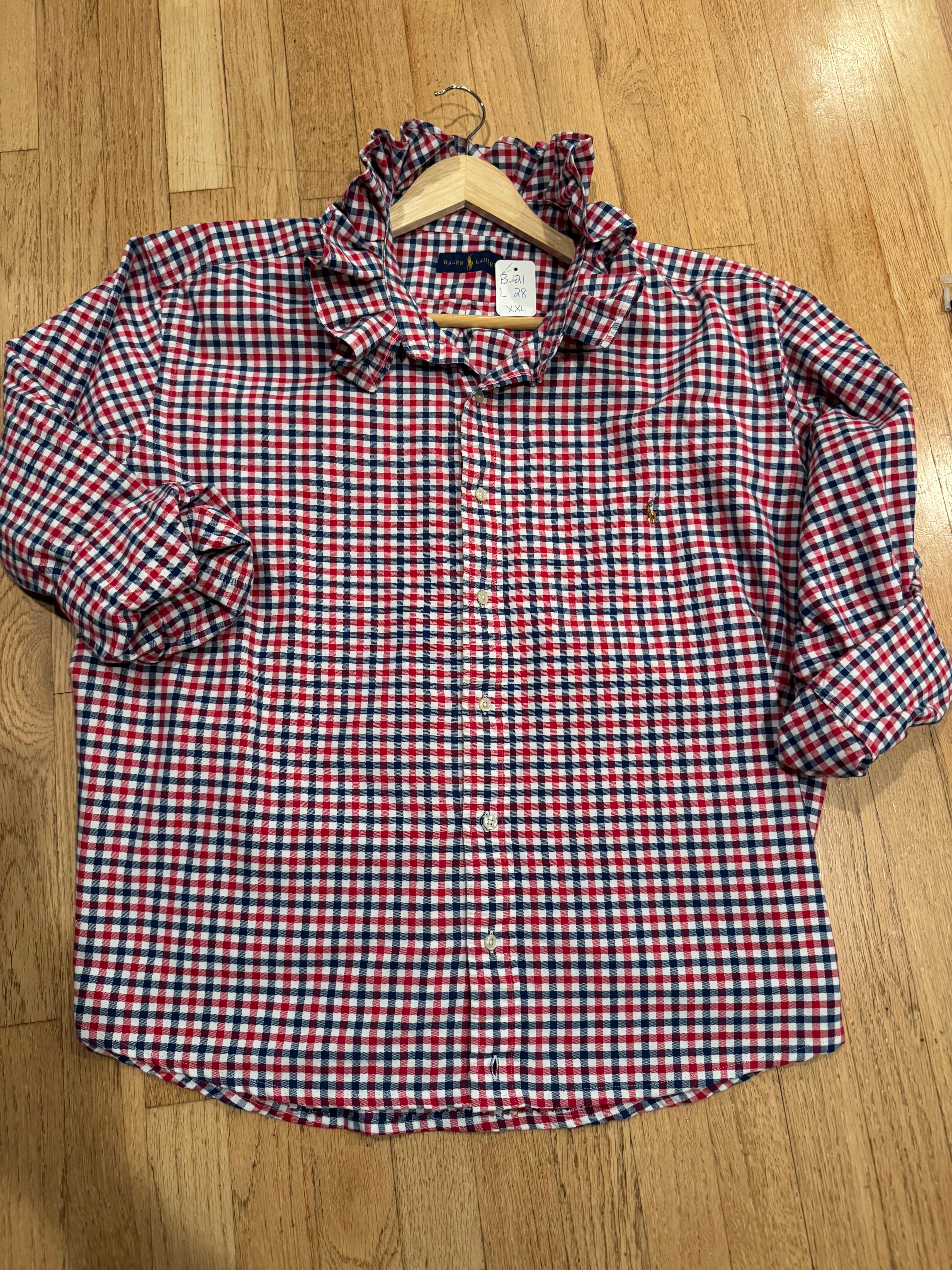 Ralph Lauren - Red/Blue GIngham - Long  Sleeve - Ruffle Collar - Size XXL