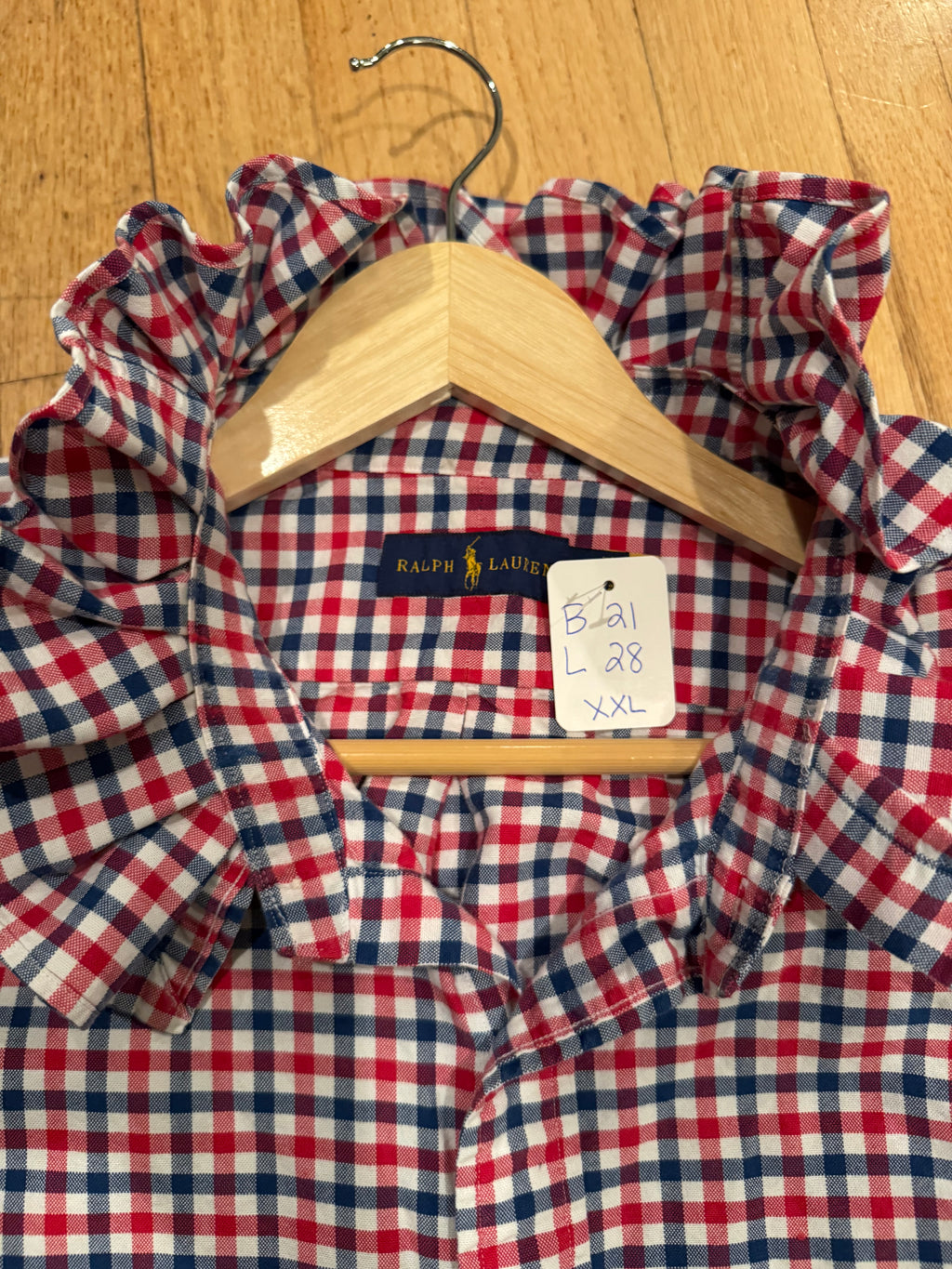 Ralph Lauren - Red/Blue GIngham - Long  Sleeve - Ruffle Collar - Size XXL