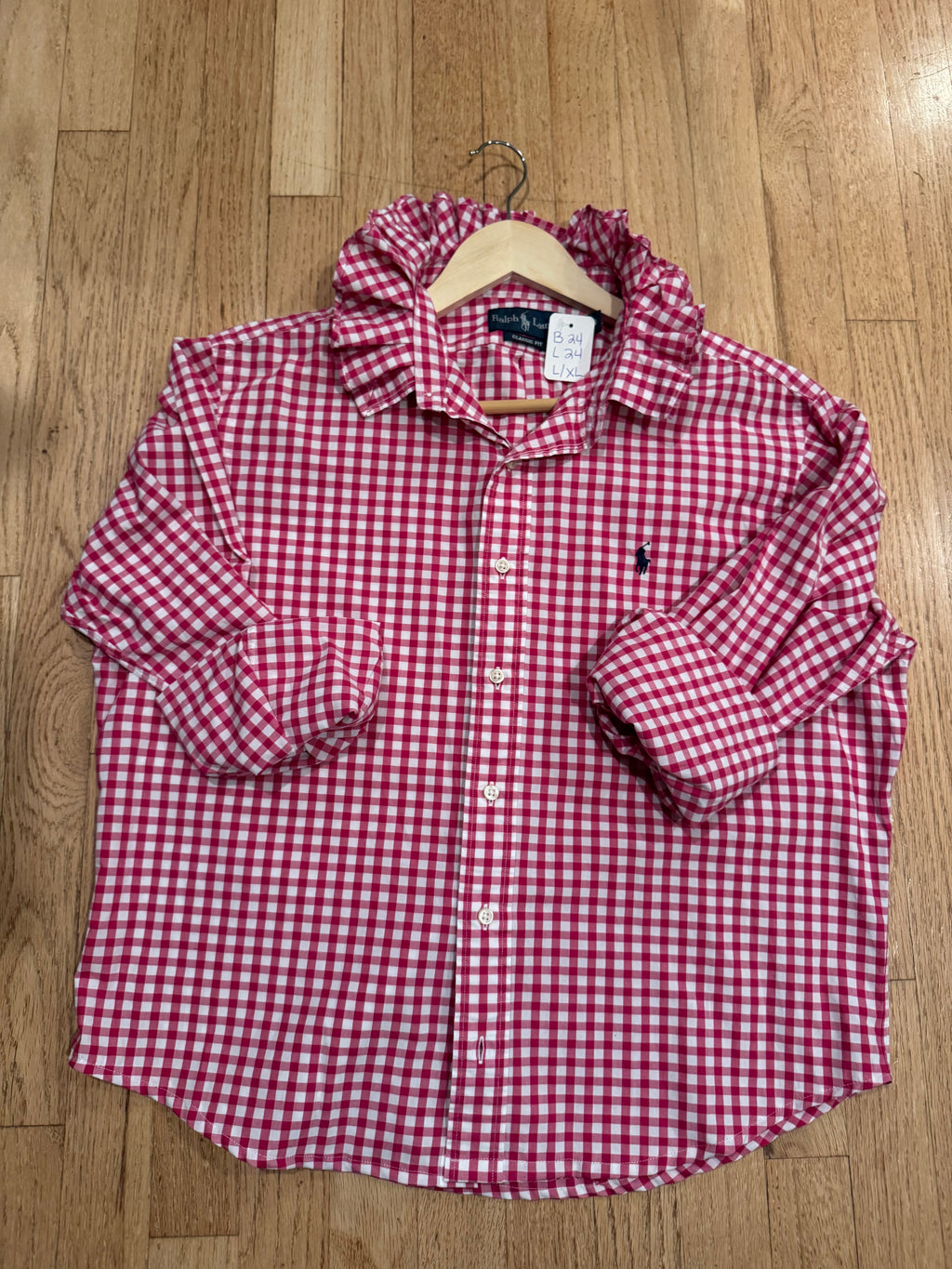 Ralph Lauren - Dark Pink Gingham - Long  Sleeve - Ruffle Collar - Size L/XL