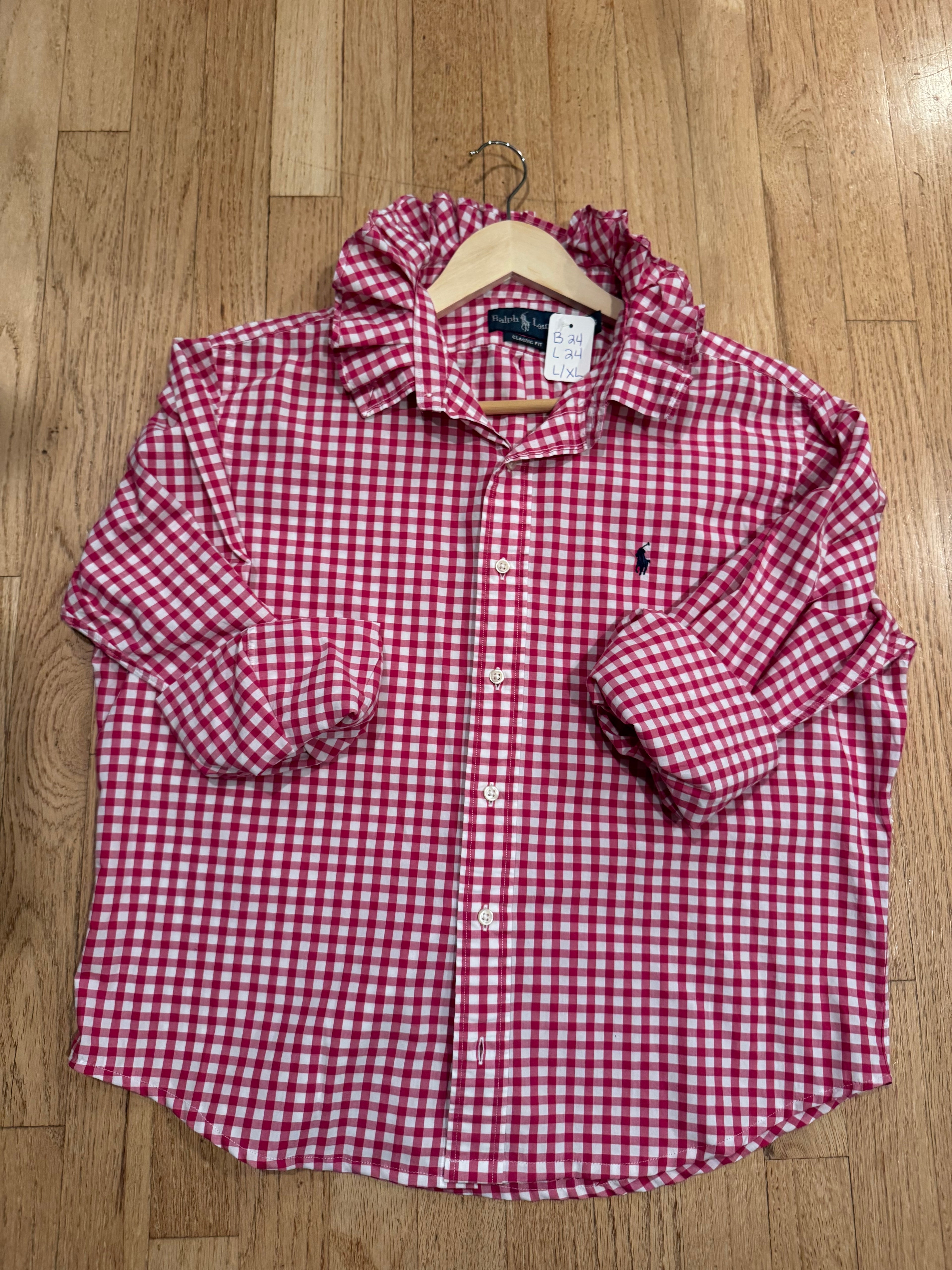 Ralph Lauren - Dark Pink Gingham - Long  Sleeve - Ruffle Collar - Size L/XL