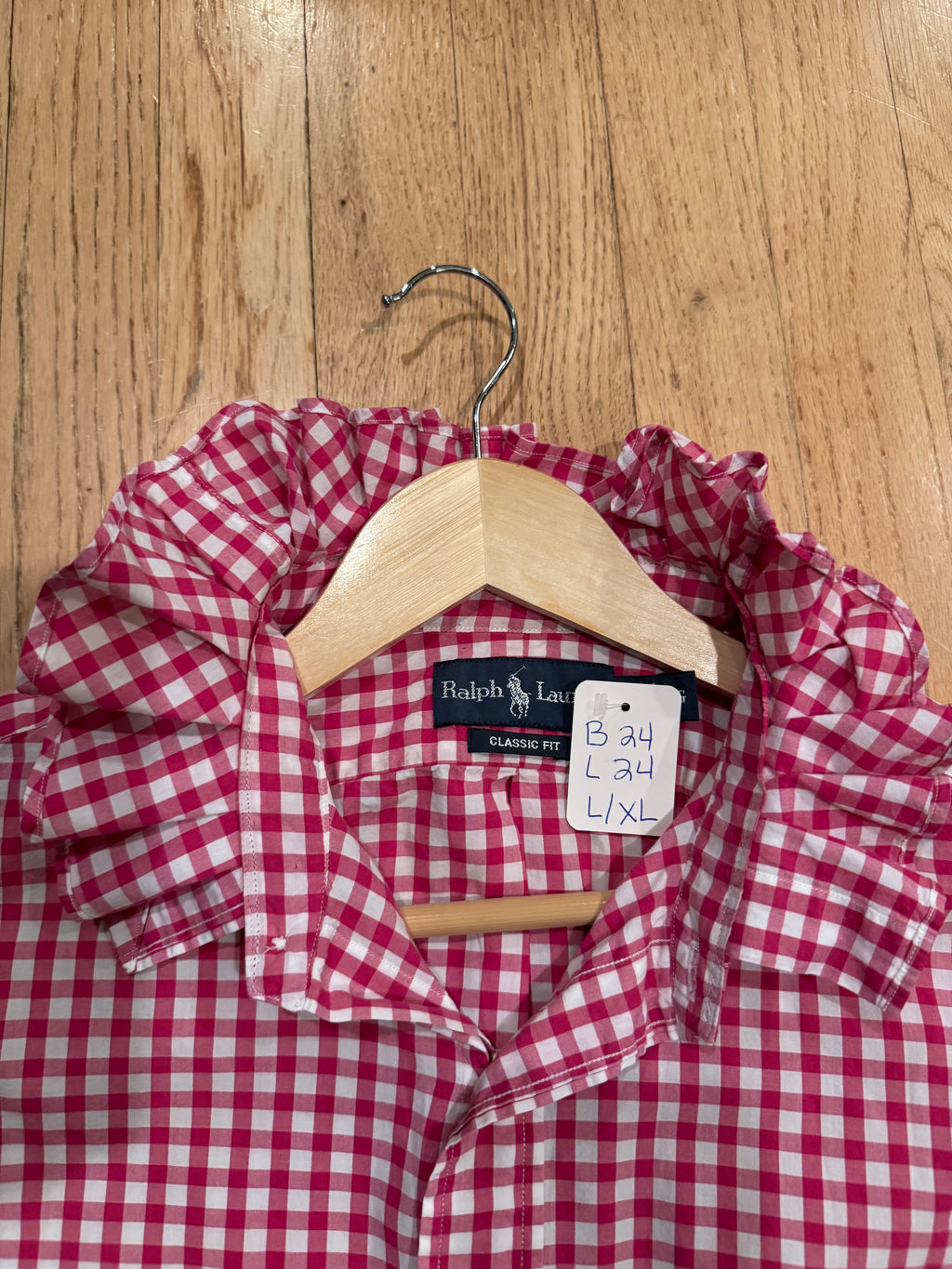 Ralph Lauren - Dark Pink Gingham - Long  Sleeve - Ruffle Collar - Size L/XL