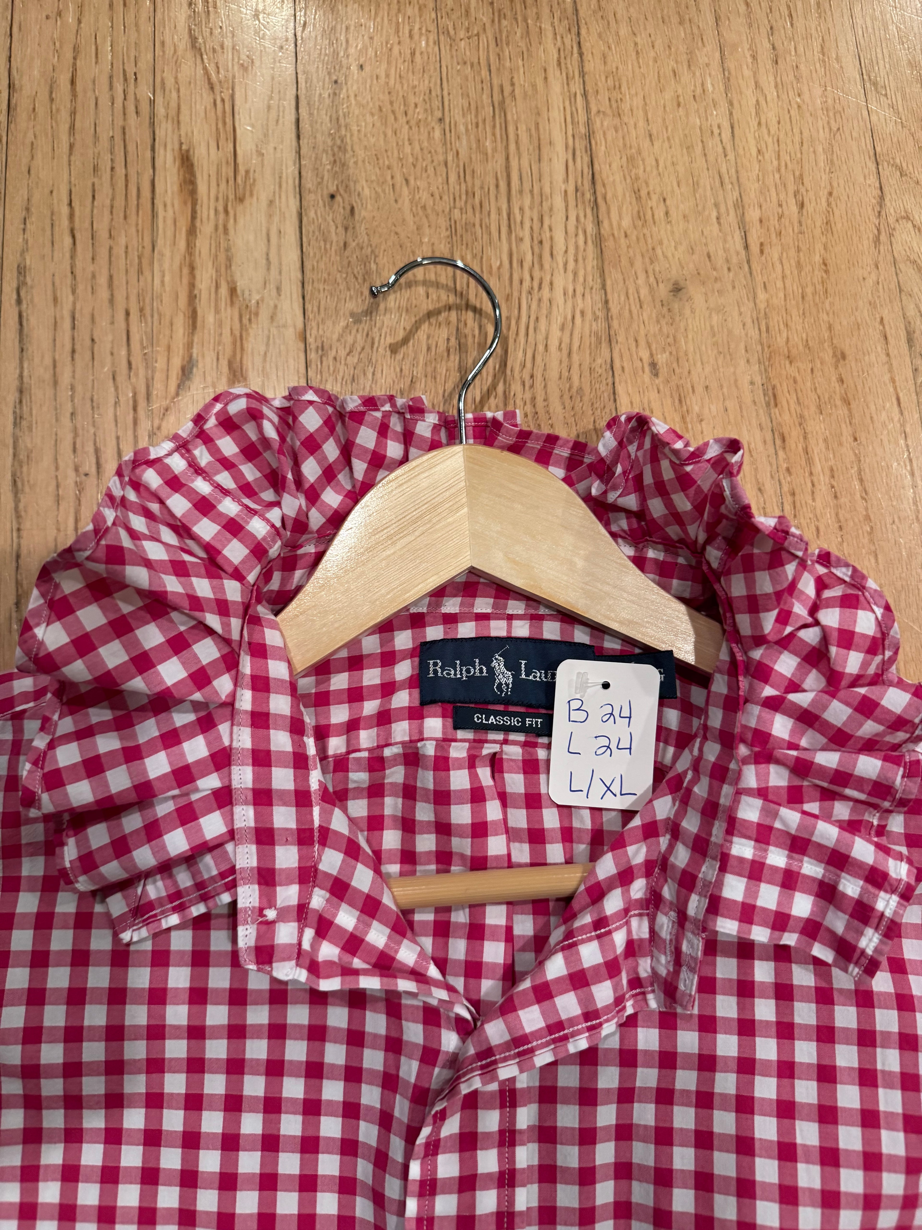 Ralph Lauren - Dark Pink Gingham - Long  Sleeve - Ruffle Collar - Size L/XL