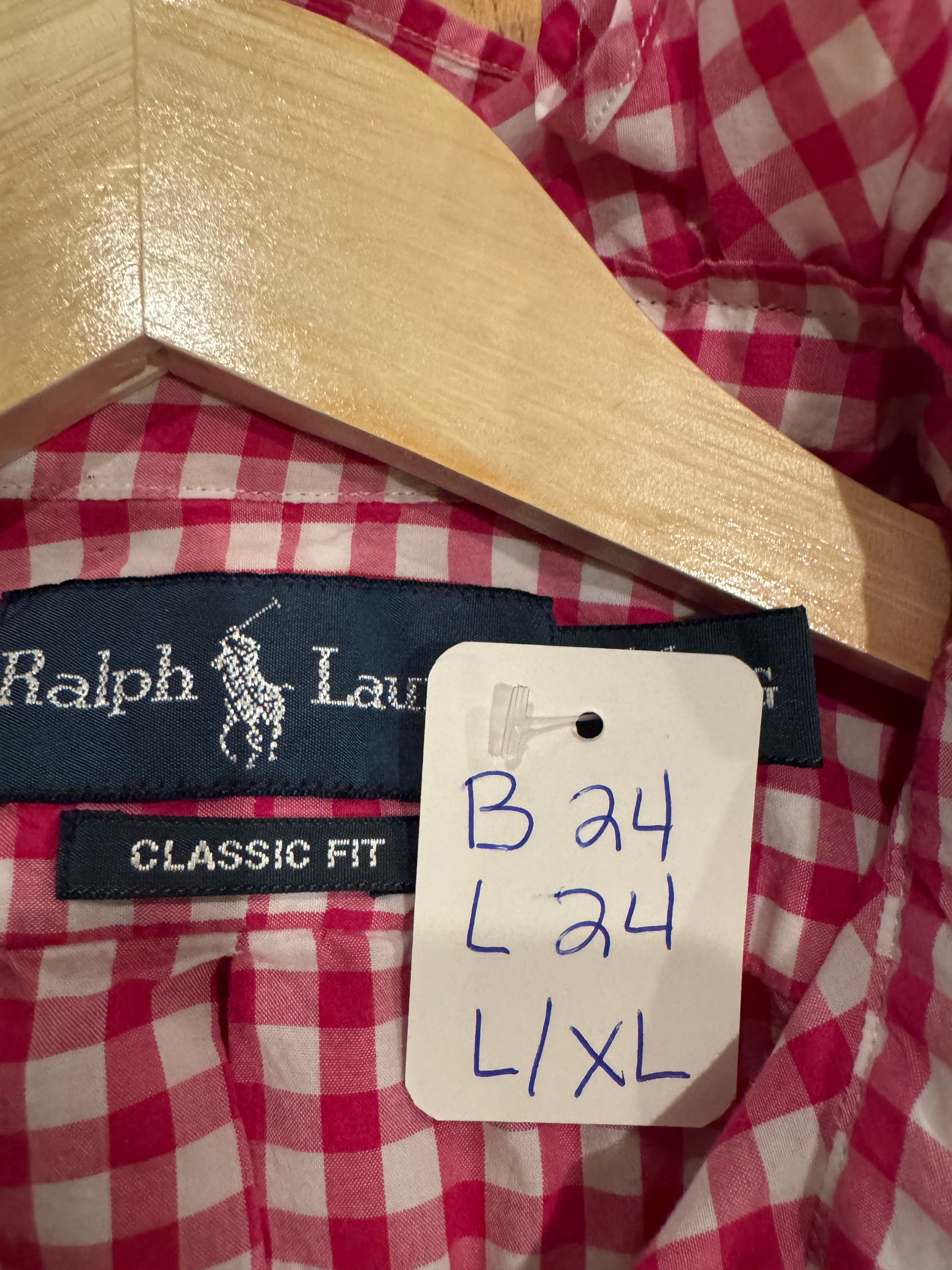Ralph Lauren - Dark Pink Gingham - Long  Sleeve - Ruffle Collar - Size L/XL