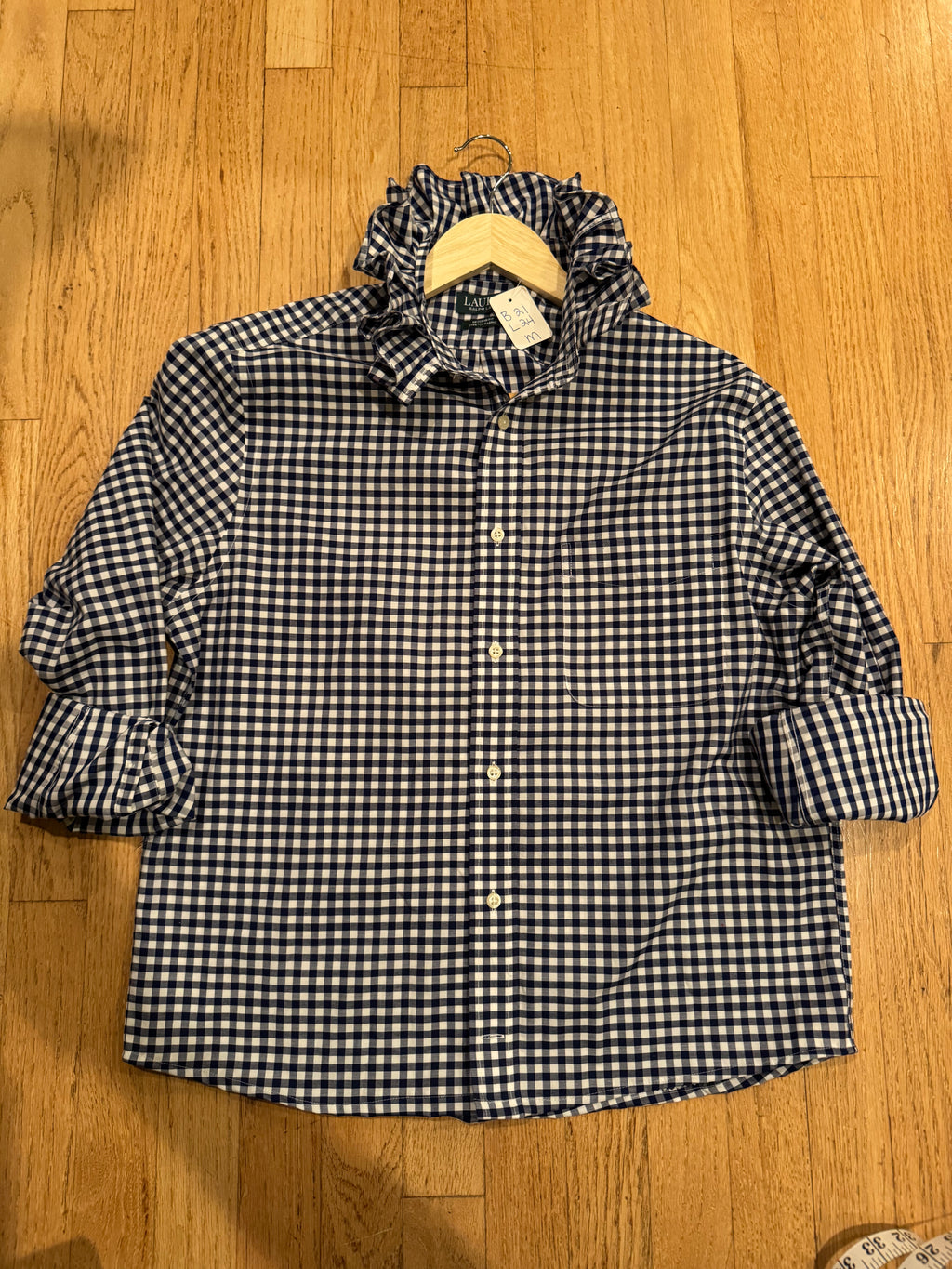 Ralph Lauren - Blue Gingham - Long  Sleeve - Ruffle Collar - Size Medium