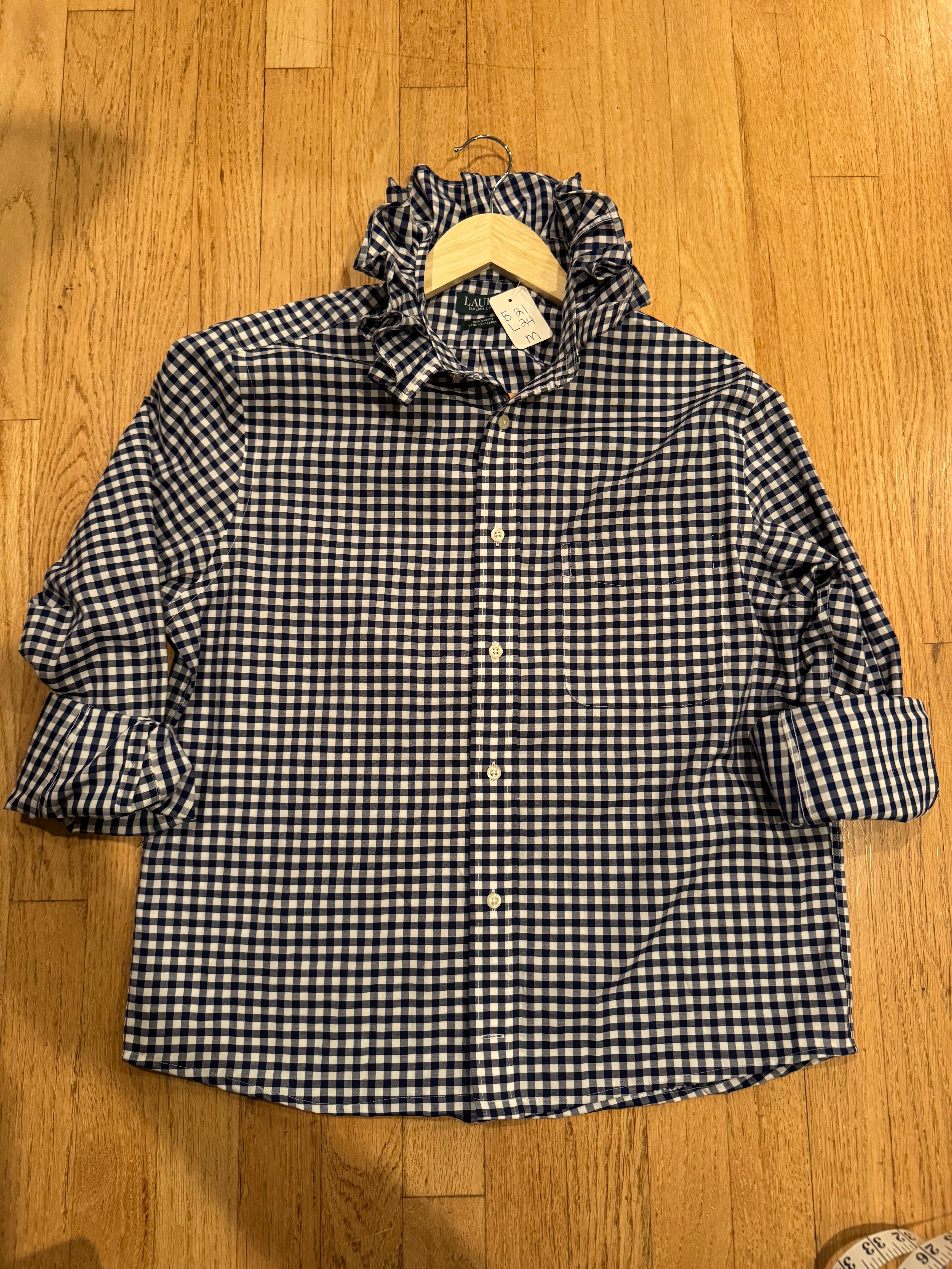Ralph Lauren - Blue Gingham - Long  Sleeve - Ruffle Collar - Size Medium