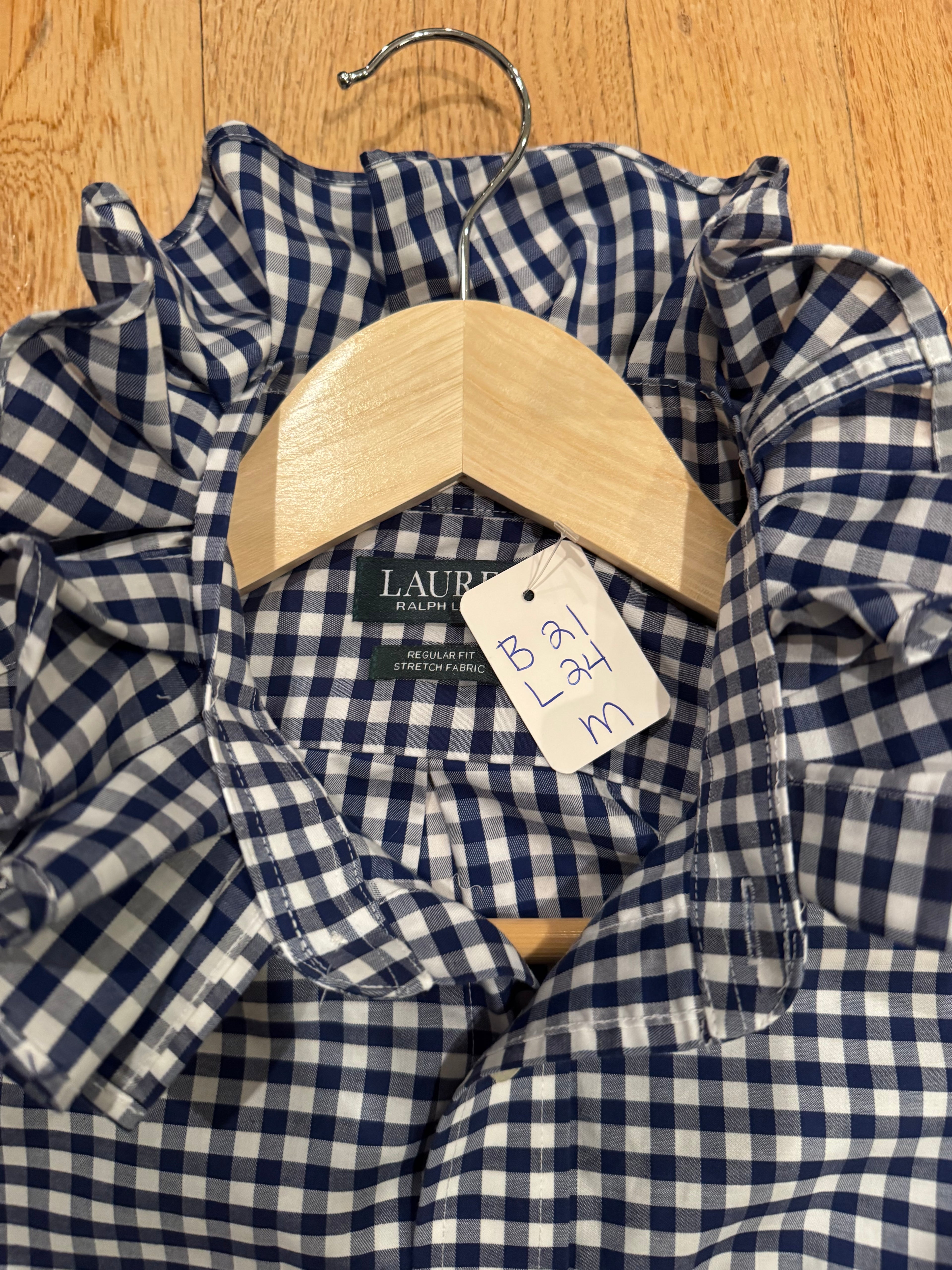 Ralph Lauren - Blue Gingham - Long  Sleeve - Ruffle Collar - Size Medium