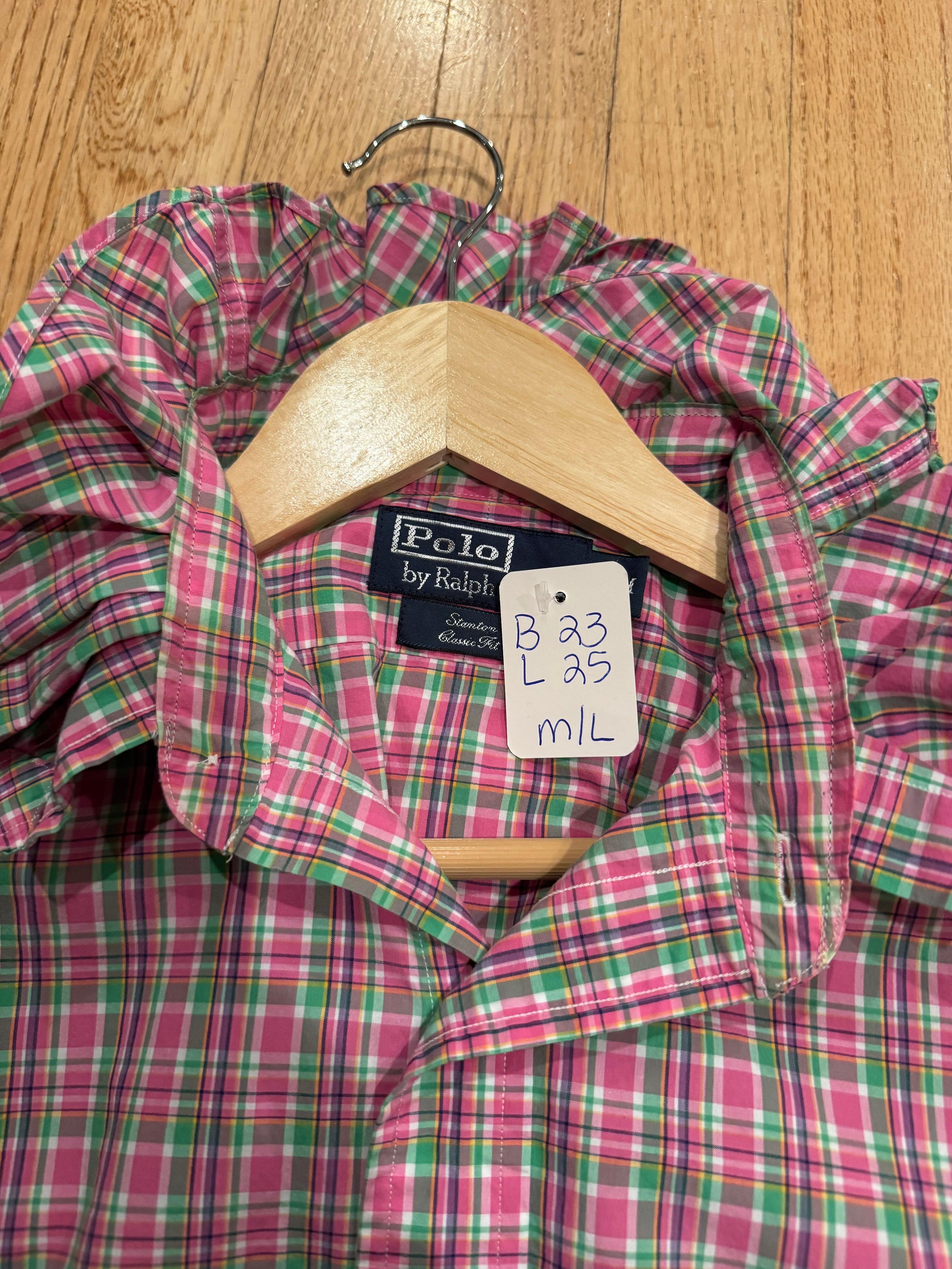 Ralph Lauren - Pink Plaid - Long Sleeve - Ruffle Collar - Size Medium/ Large