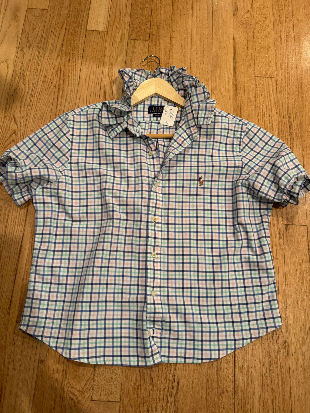 Ralph Lauren - Pastel Plaid - Short  Sleeve - Ruffle Collar - Size M/L