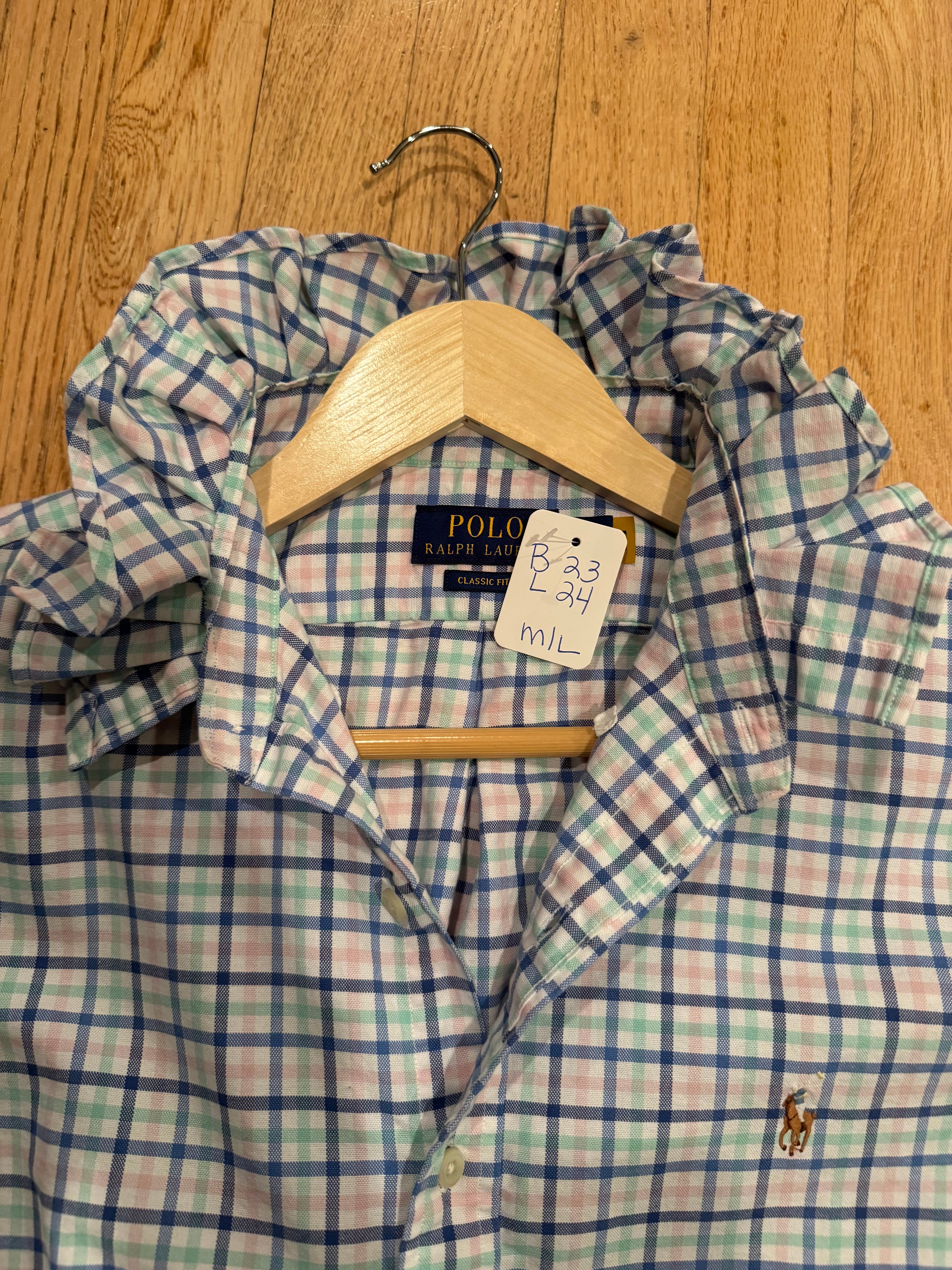Ralph Lauren - Pastel Plaid - Short  Sleeve - Ruffle Collar - Size M/L
