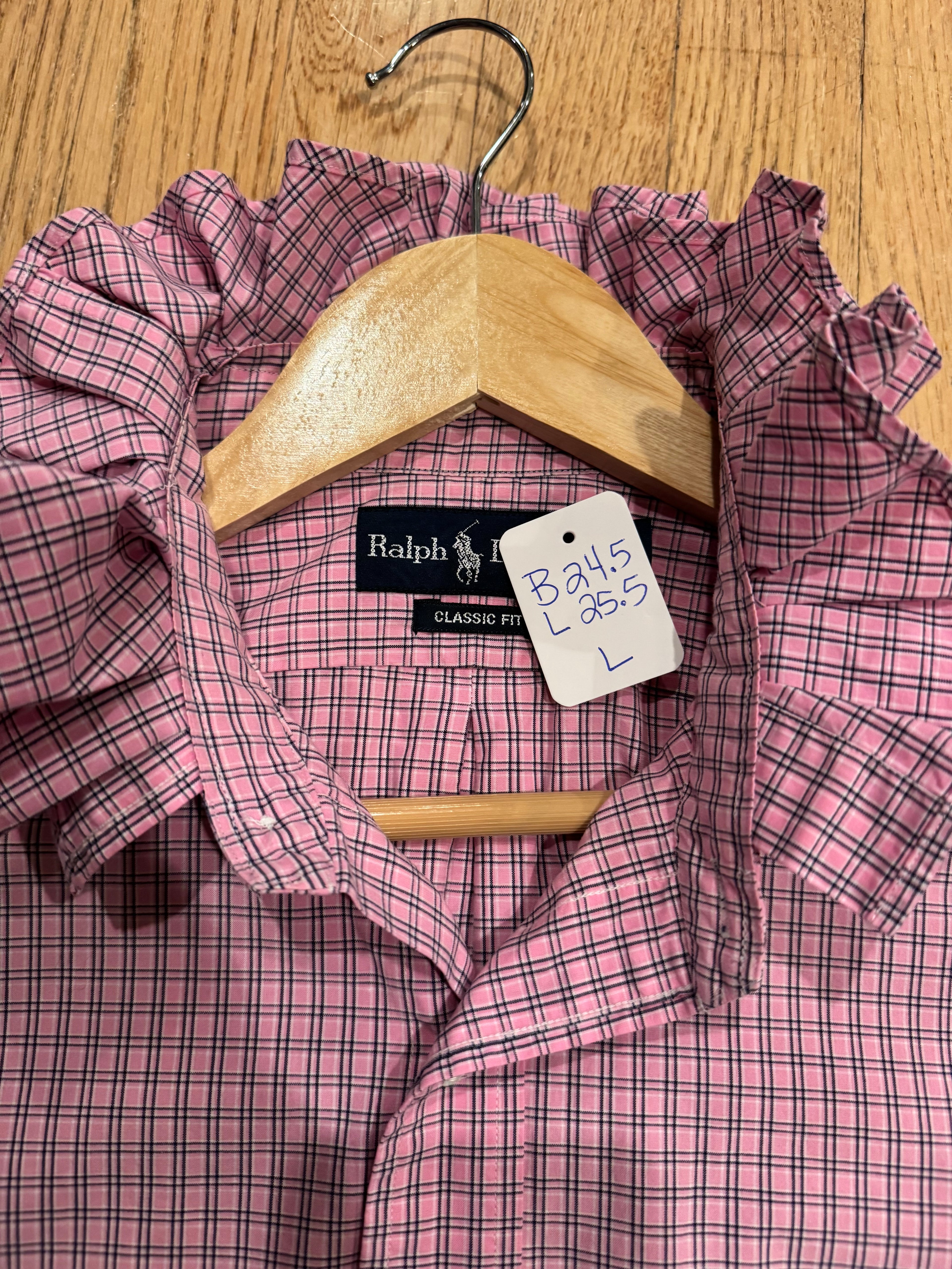 Ralph Lauren - Pink Plaid - Short Sleeve - Ruffle Collar - Size Large